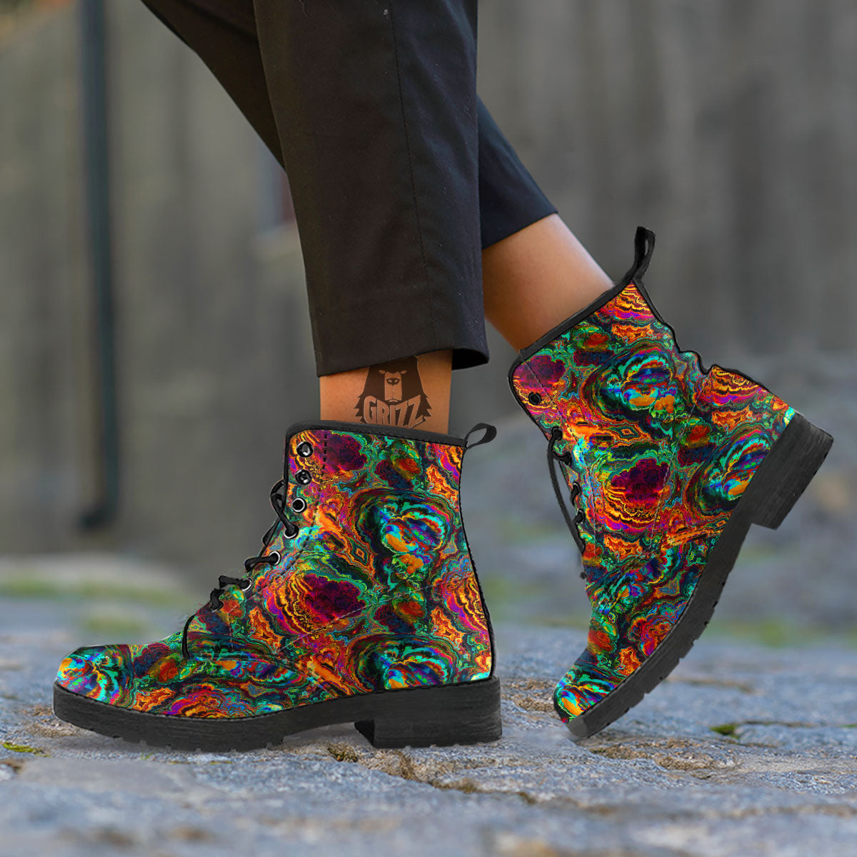 Fractal Psychedelic Print Pattern Leather Boots-grizzshop