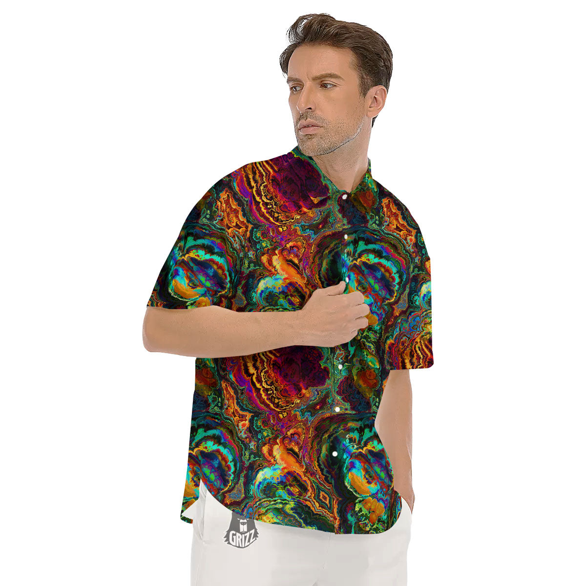 Fractal Psychedelic Print Pattern Men's Short Sleeve Shirts-grizzshop