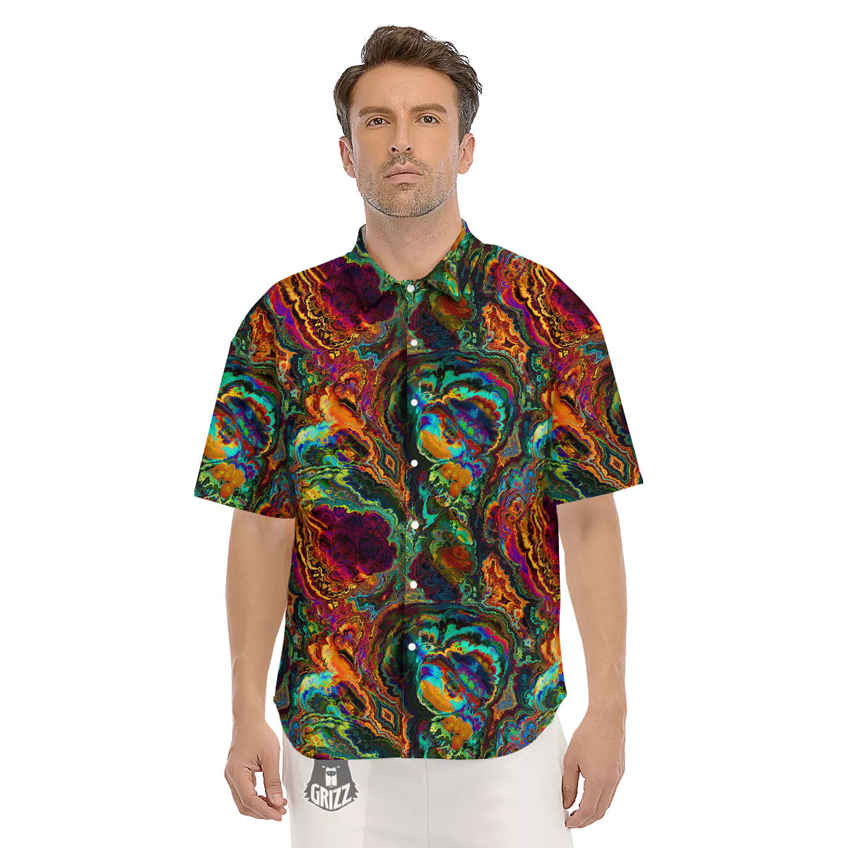 Fractal Psychedelic Print Pattern Men's Short Sleeve Shirts-grizzshop