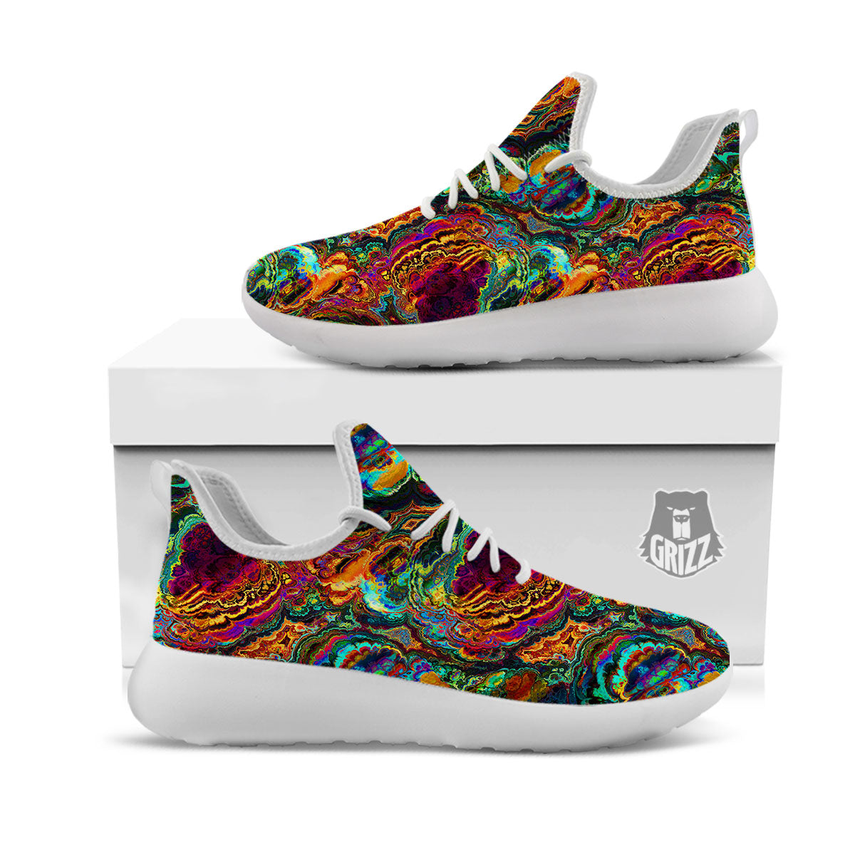 Fractal Psychedelic Print Pattern White Athletic Shoes-grizzshop