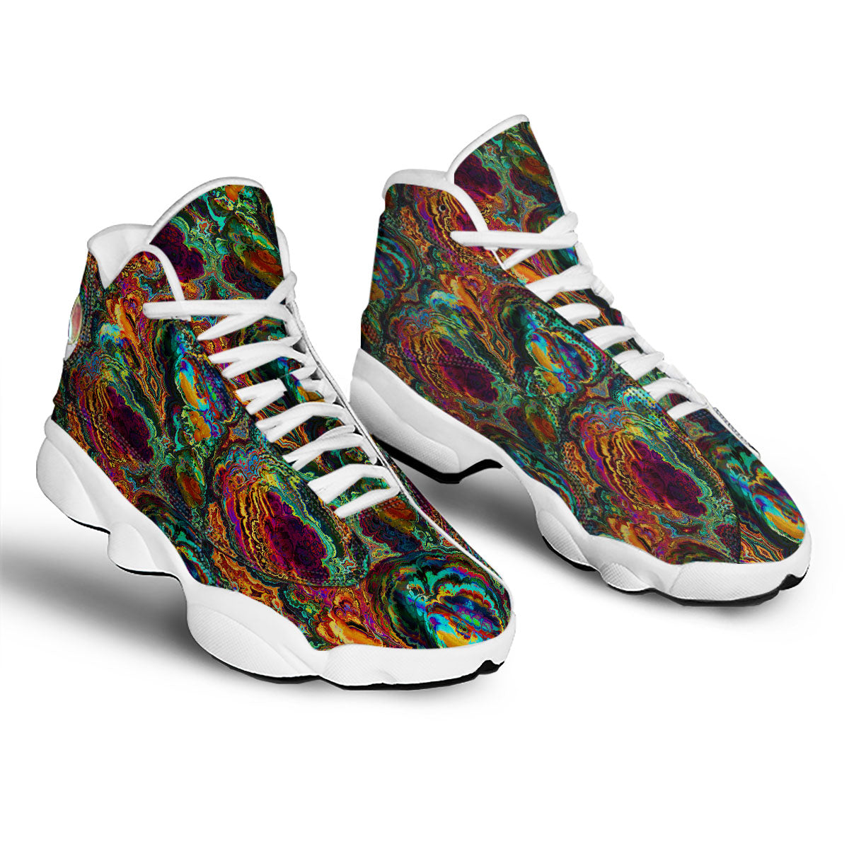 Fractal Psychedelic Print Pattern White Basketball Shoes-grizzshop