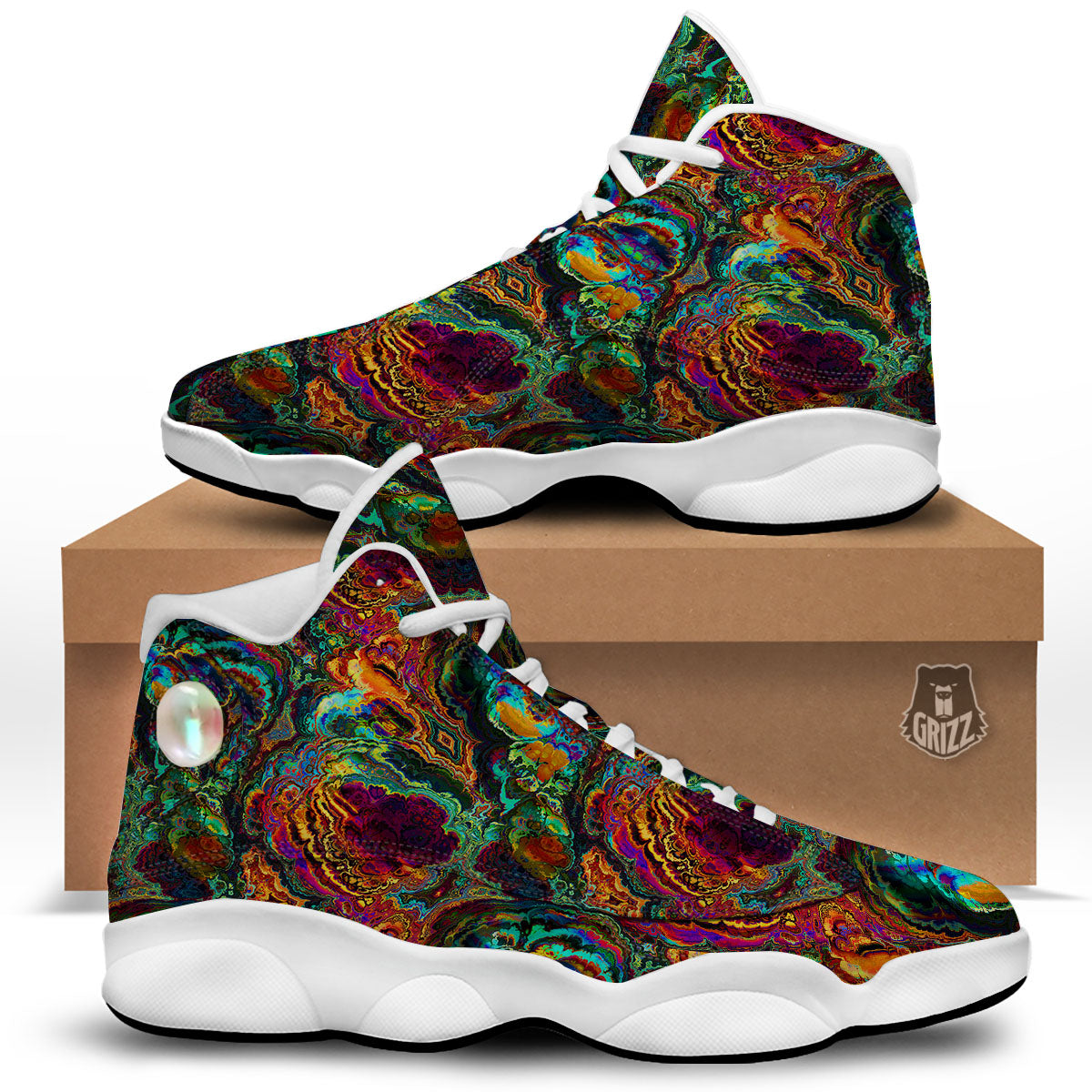 Fractal Psychedelic Print Pattern White Basketball Shoes-grizzshop