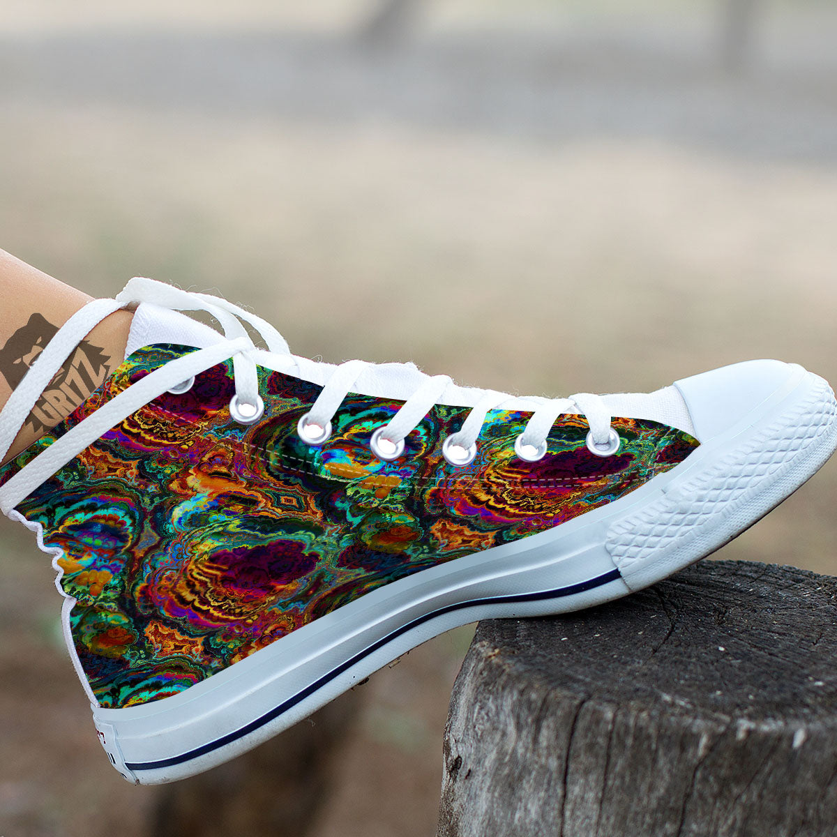 Fractal Psychedelic Print Pattern White High Top Shoes-grizzshop