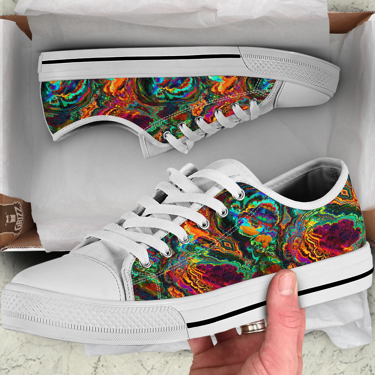 Fractal Psychedelic Print Pattern White Low Top Shoes-grizzshop