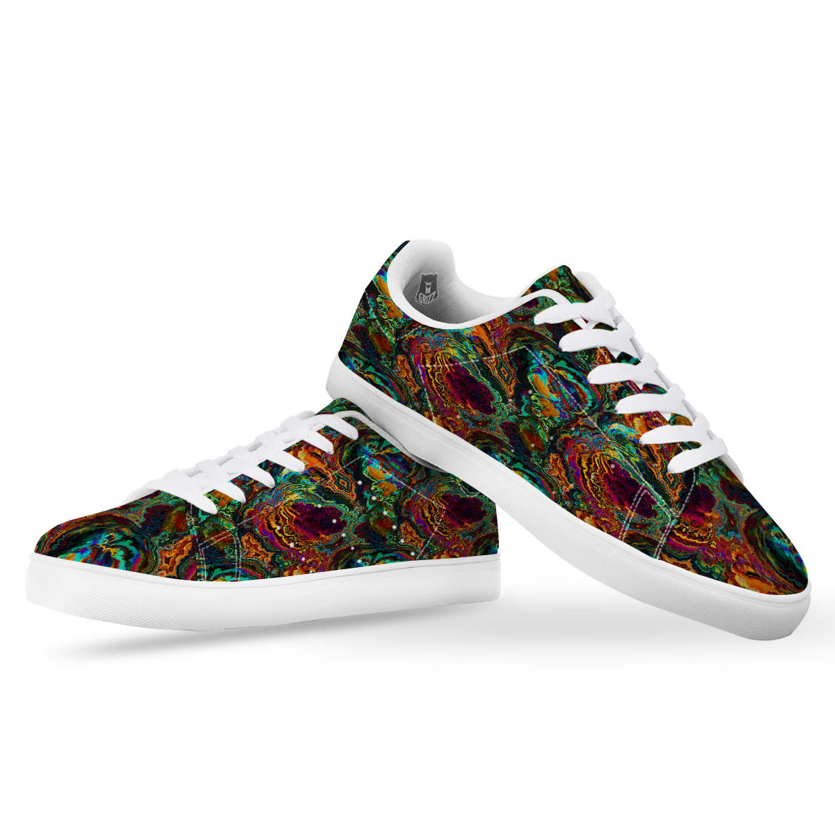Fractal Psychedelic Print Pattern White Low Top Sneakers-grizzshop