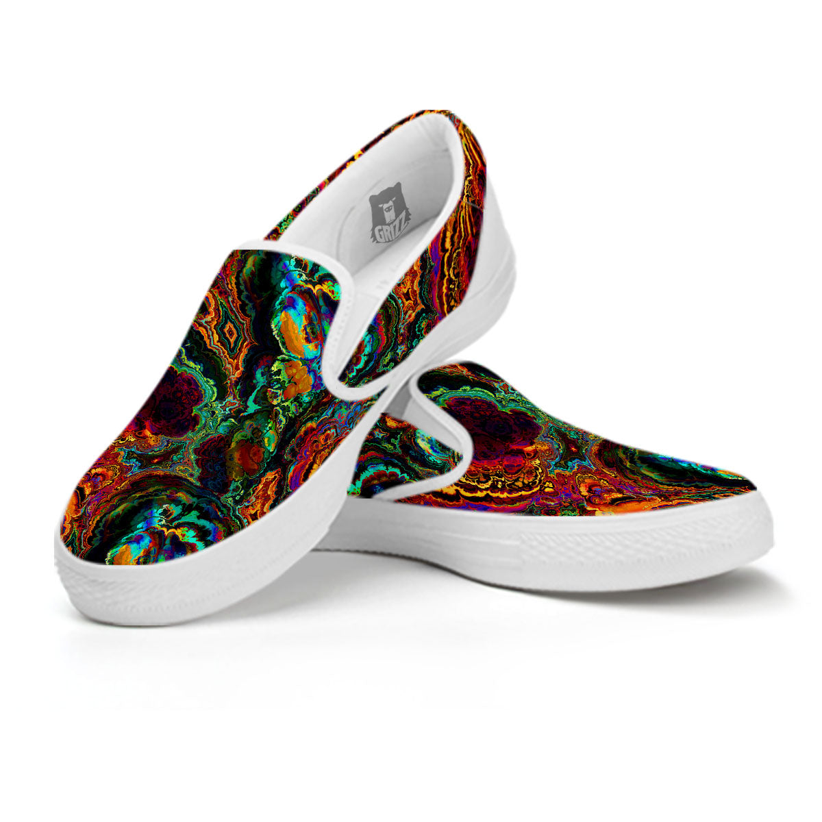 Fractal Psychedelic Print Pattern White Slip On Shoes-grizzshop