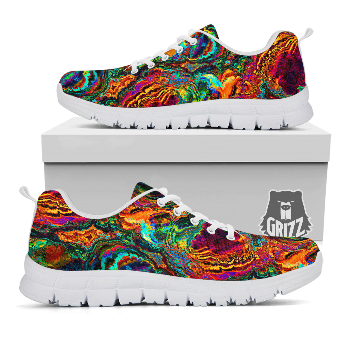 Fractal Psychedelic Print Pattern White Sneaker-grizzshop