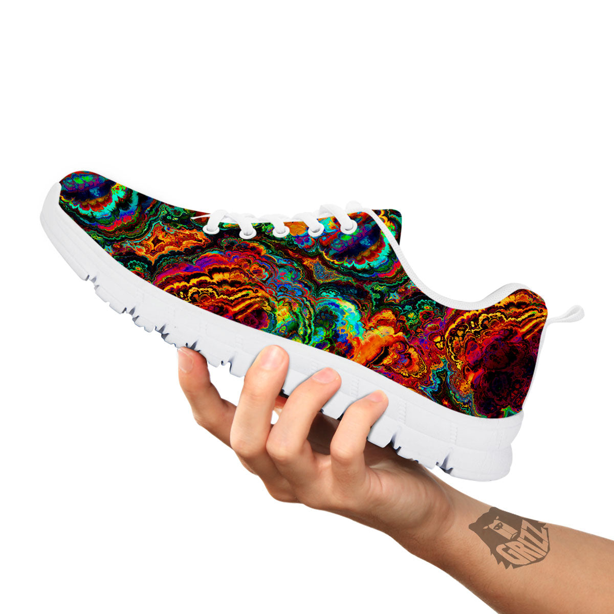 Fractal Psychedelic Print Pattern White Sneaker-grizzshop