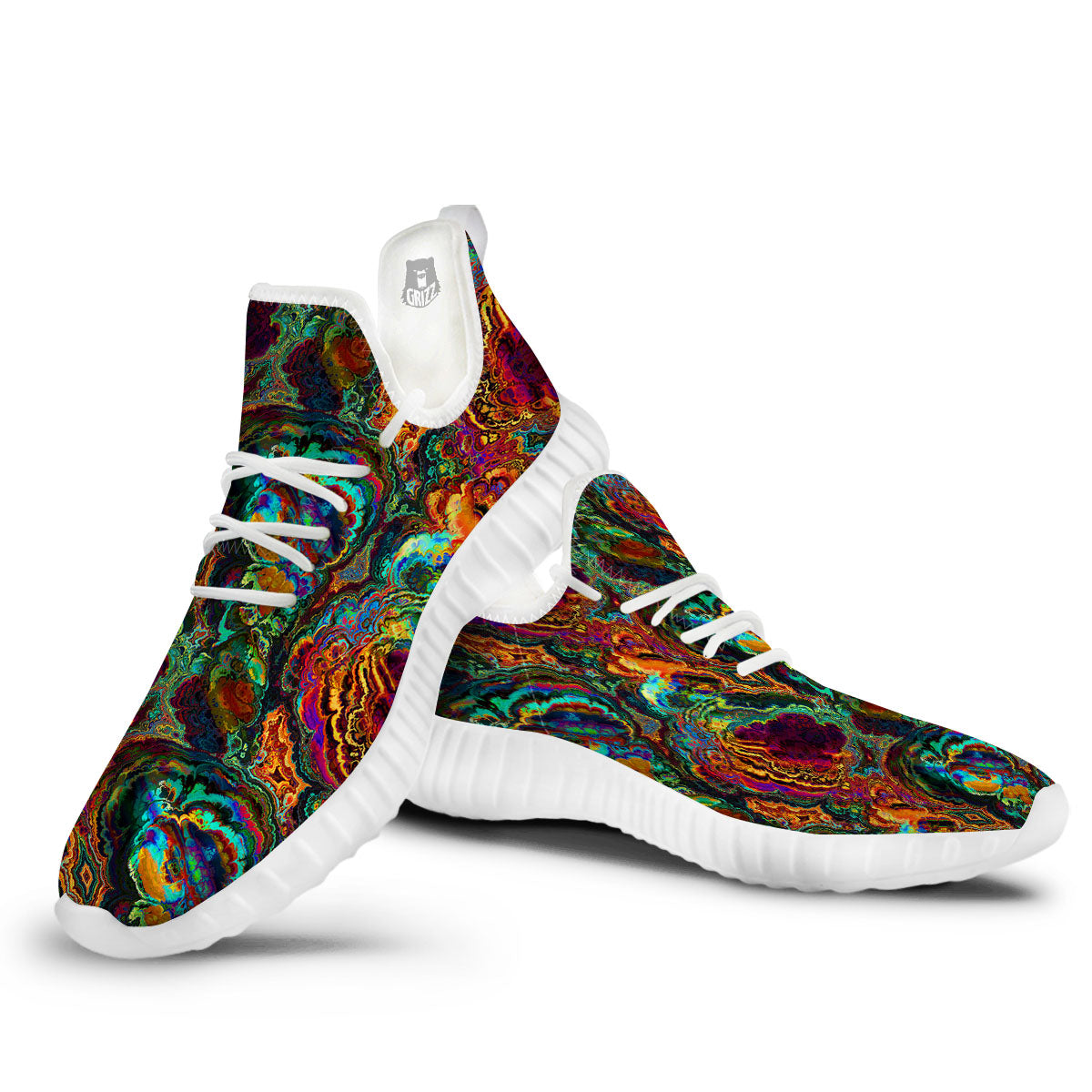 Fractal Psychedelic Print Pattern White Walking Shoes-grizzshop
