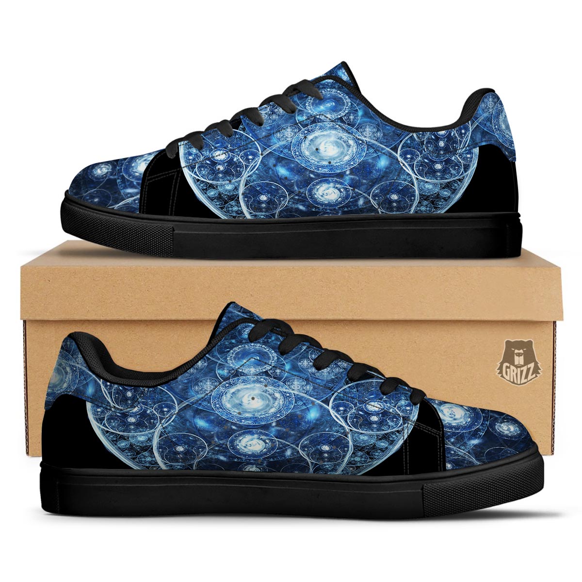 Fractal Steampunk Print Black Low Top Sneakers-grizzshop