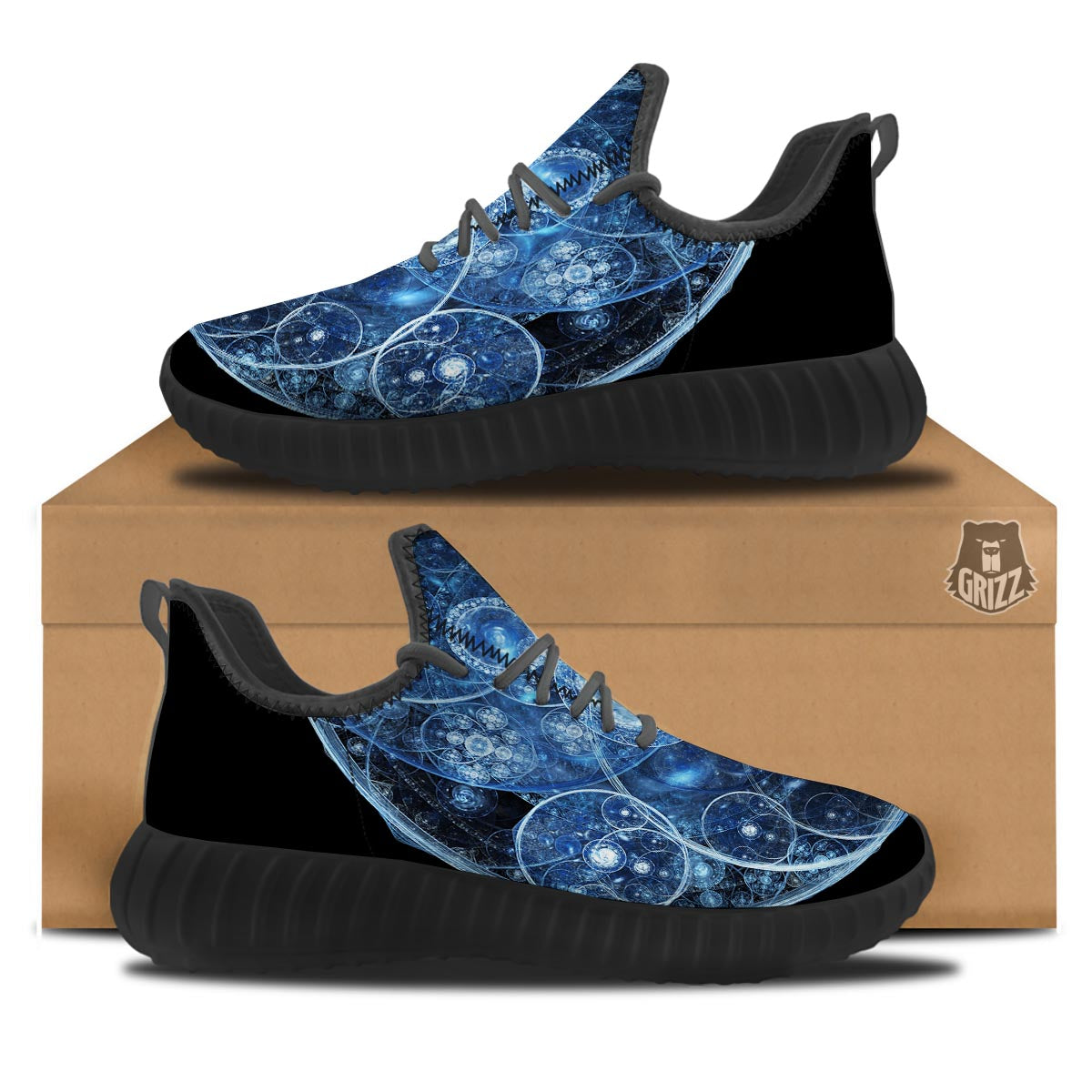 Fractal Steampunk Print Black Walking Shoes-grizzshop