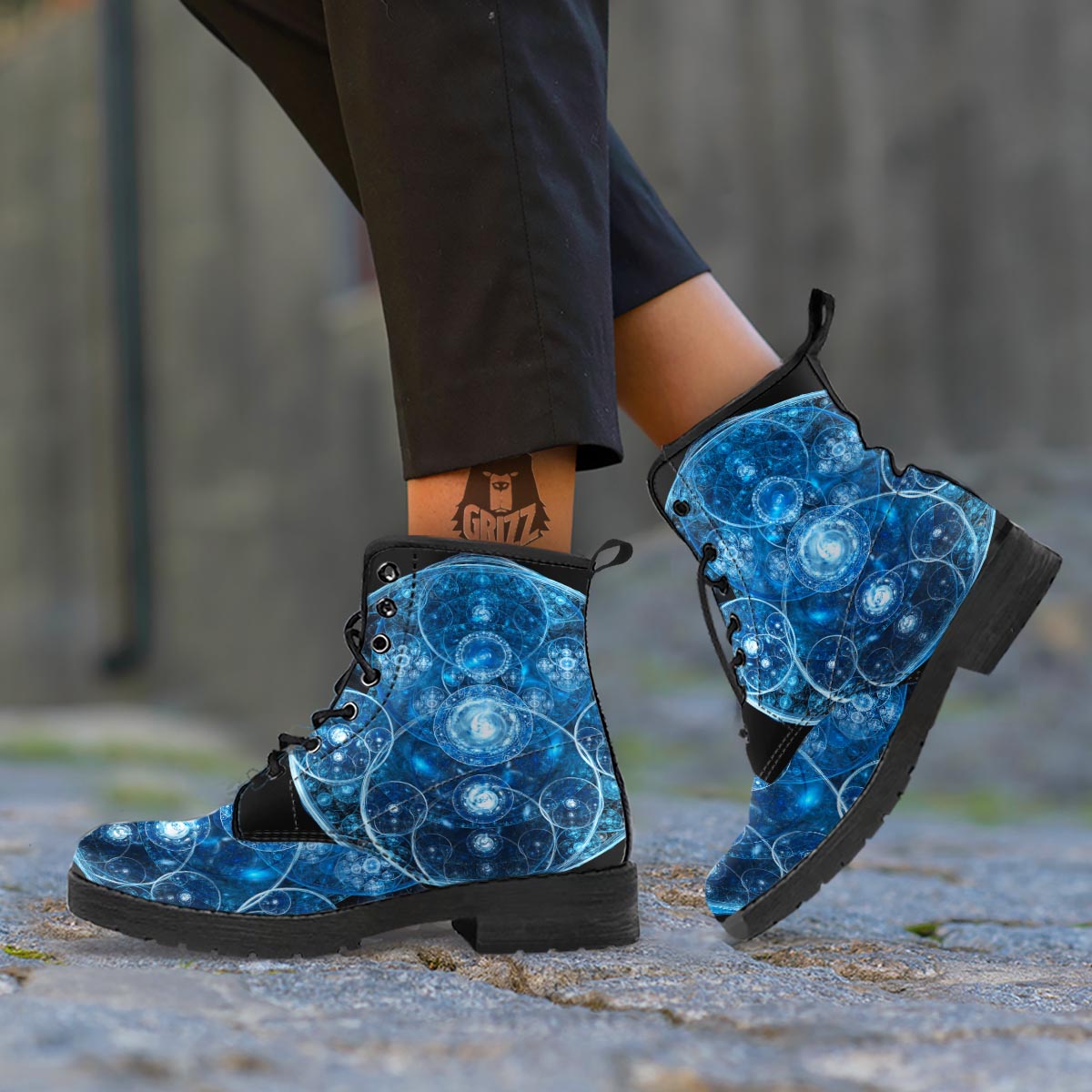 Fractal Steampunk Print Leather Boots-grizzshop