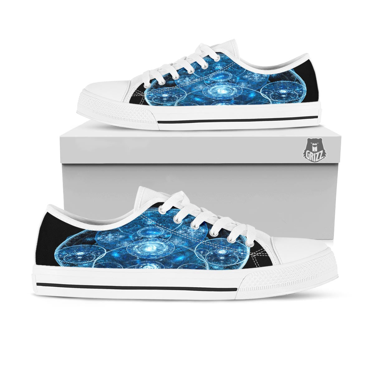 Fractal Steampunk Print White Low Top Shoes-grizzshop