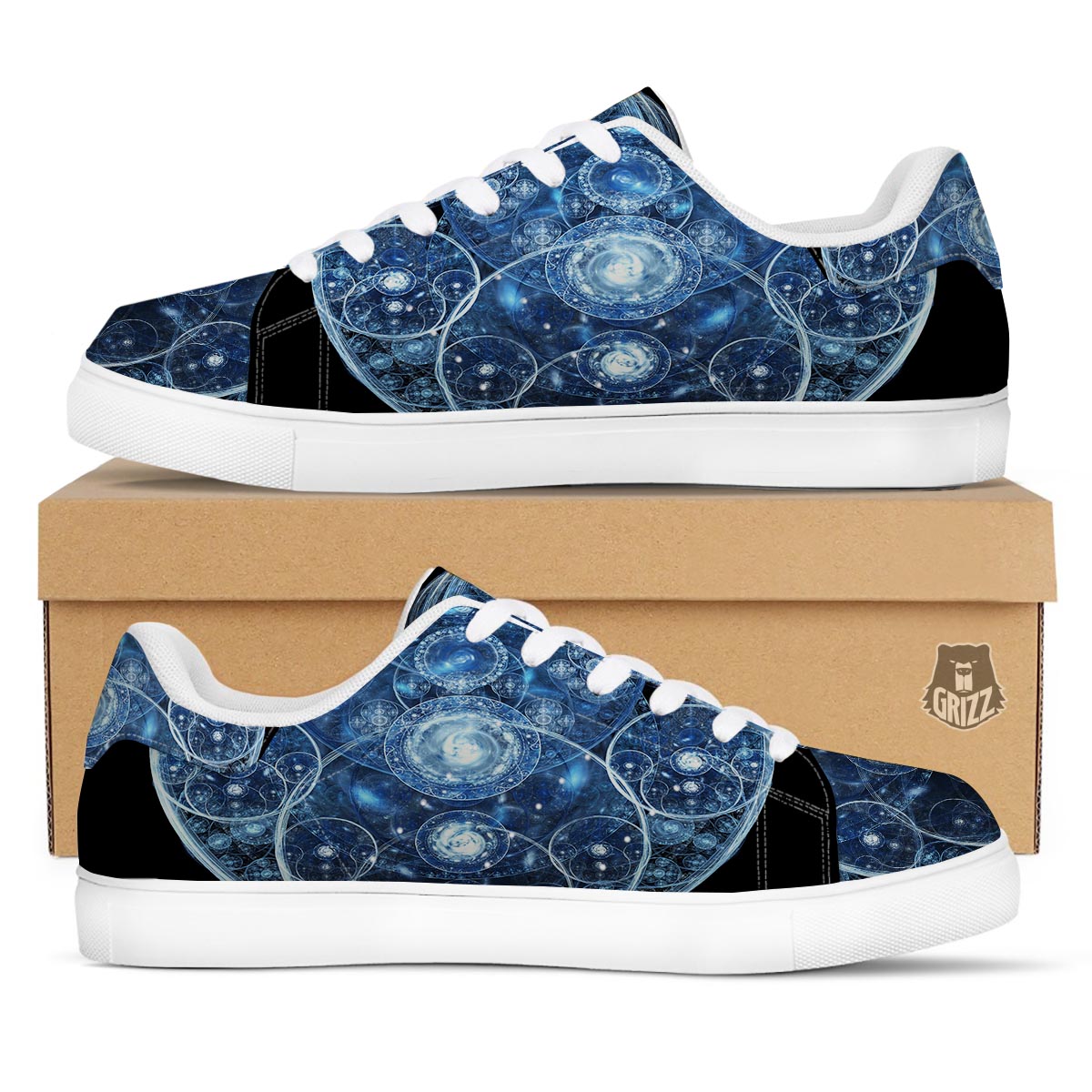 Fractal Steampunk Print White Low Top Sneakers-grizzshop