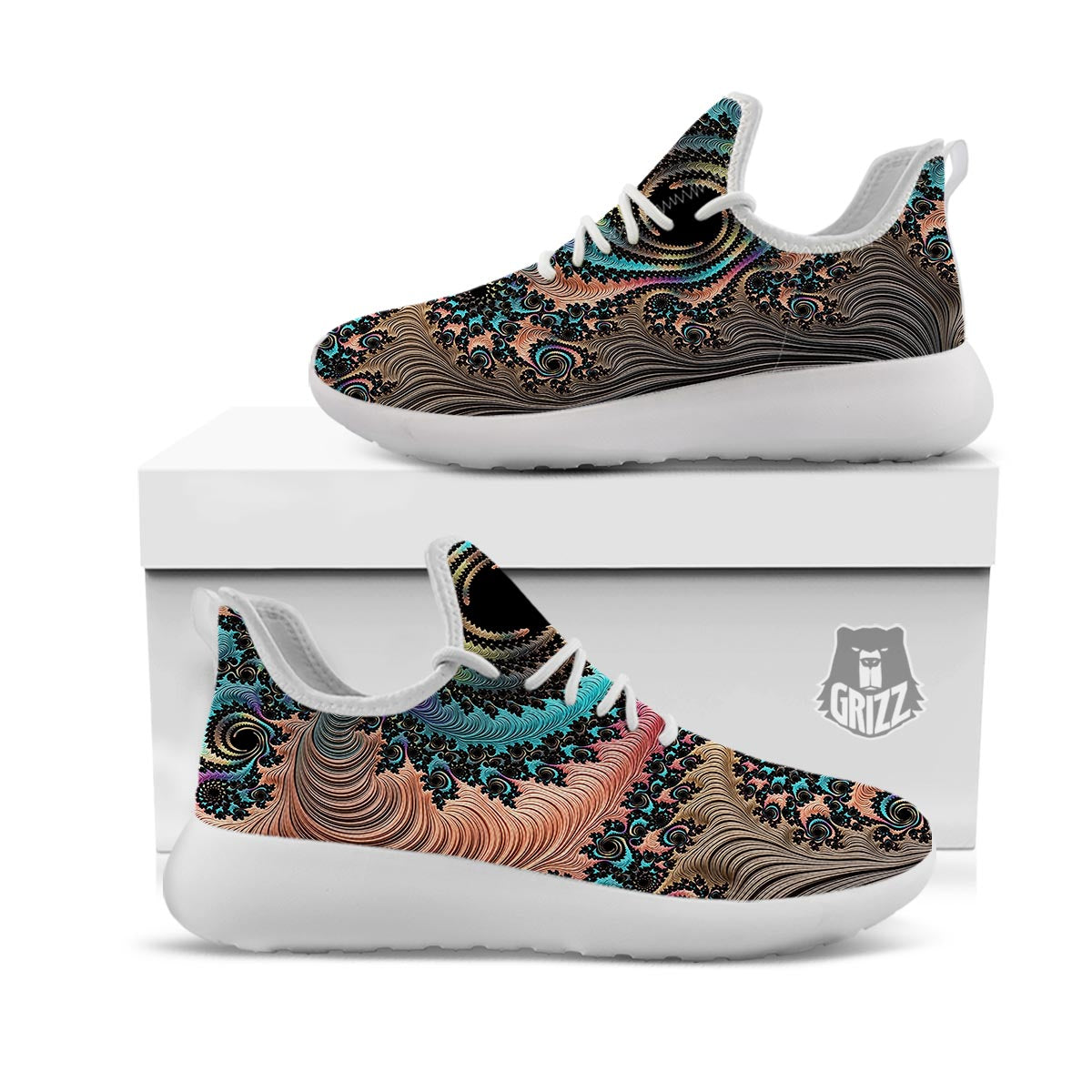 Fractal Trippy Print White Athletic Shoes-grizzshop