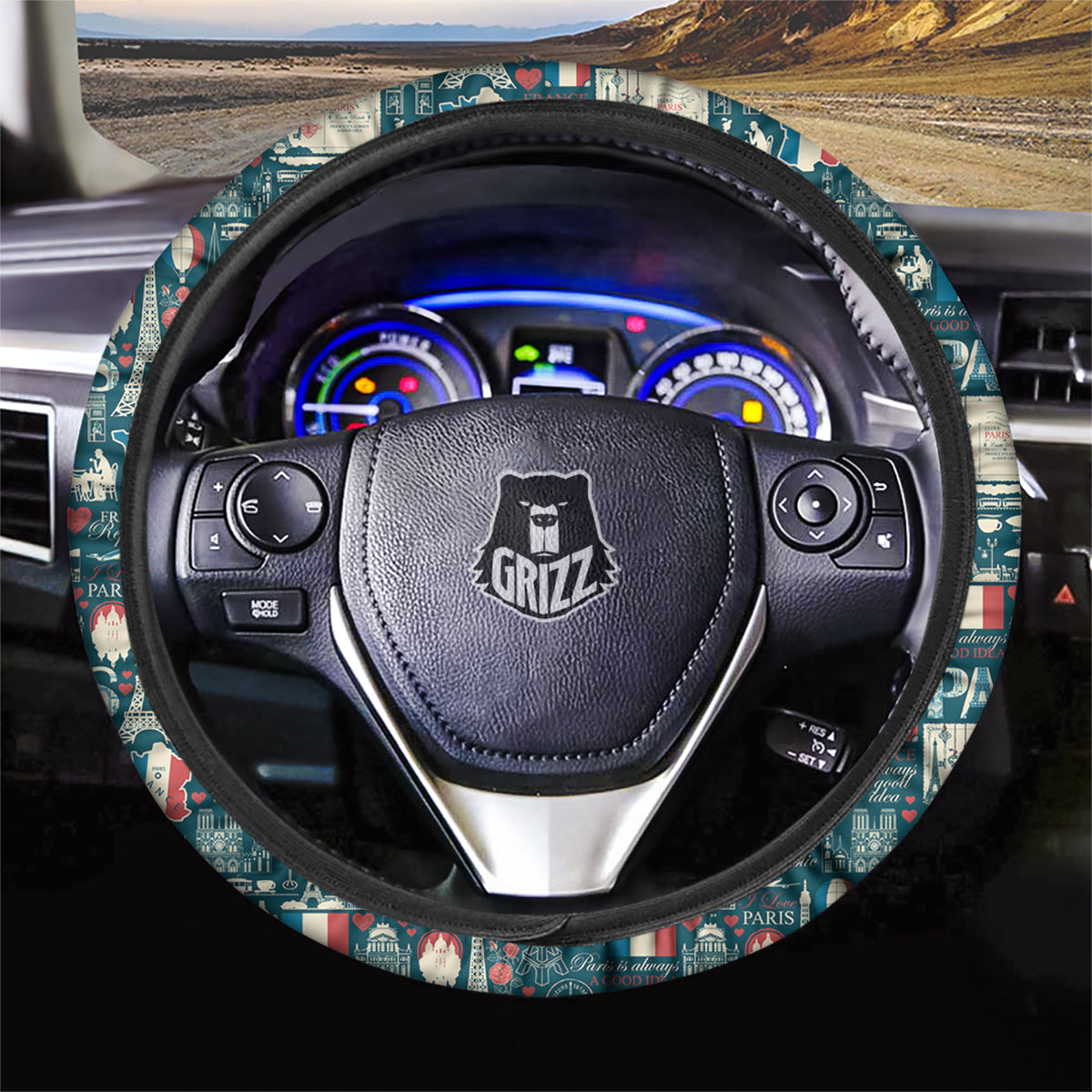 France And Paris Landmarks Vintage Print Pattern Car Steering Wheel Cover-grizzshop