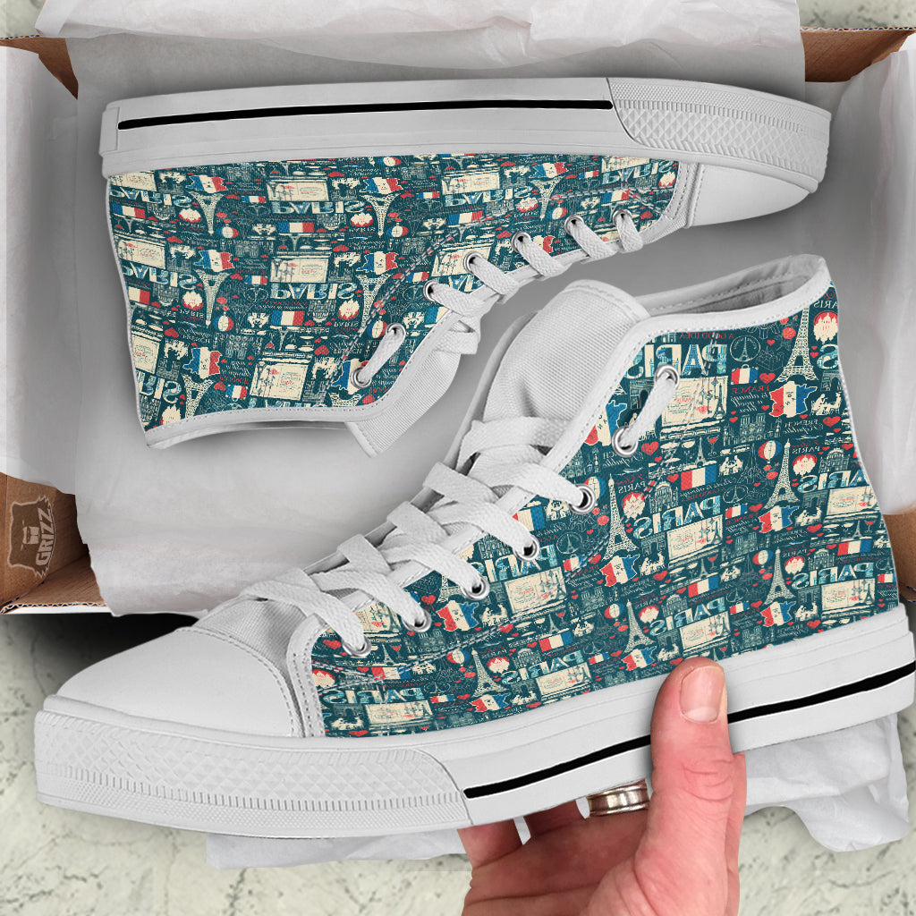 France And Paris Landmarks Vintage Print Pattern White High Top Shoes-grizzshop