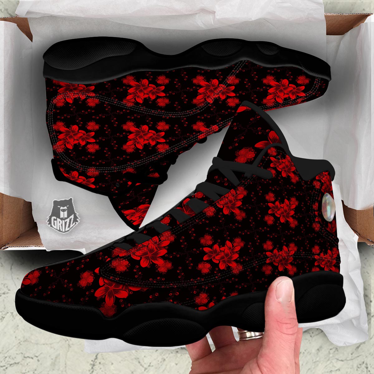 Frangipani Black And Red Print Pattern Black Basketball Shoes-grizzshop