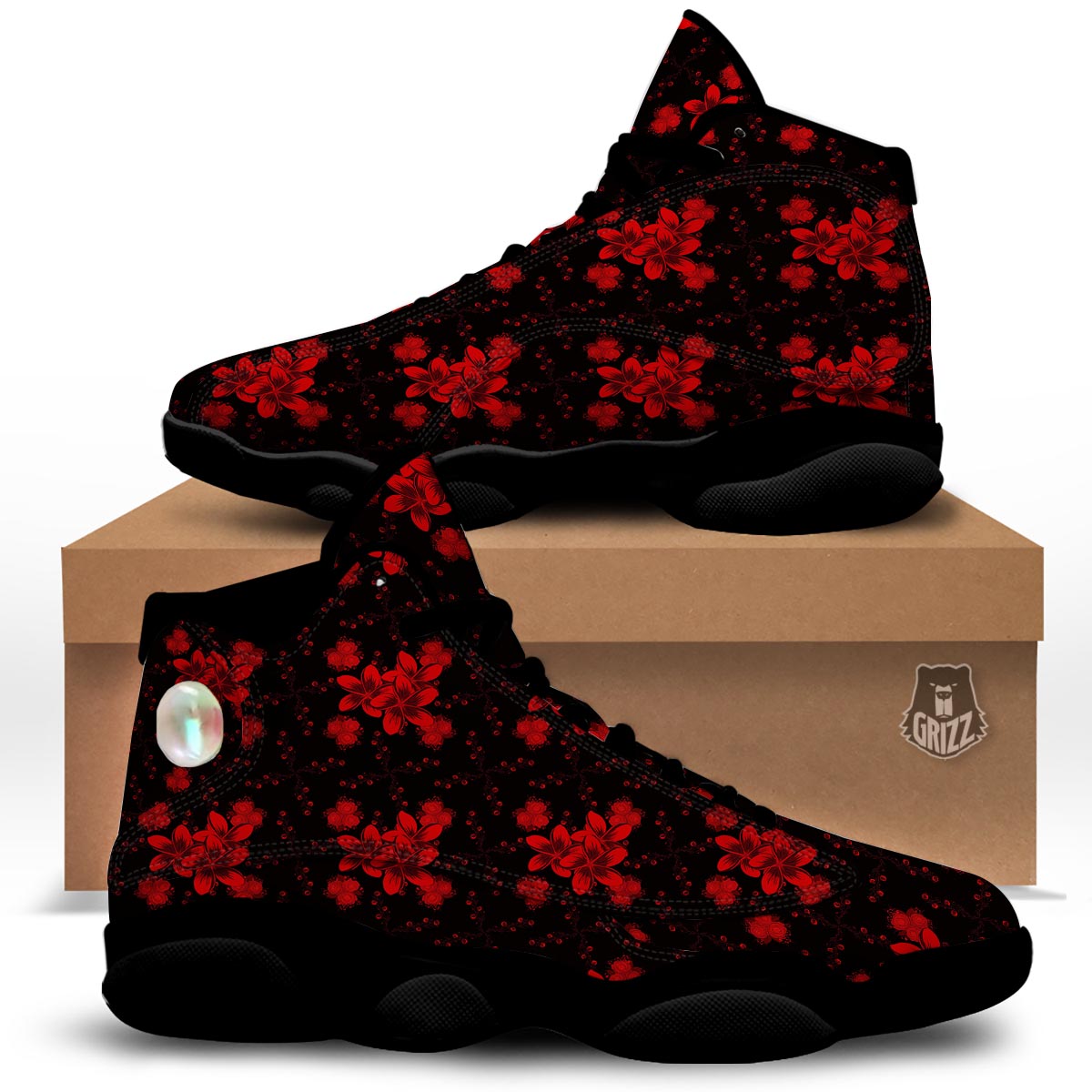 Frangipani Black And Red Print Pattern Black Basketball Shoes-grizzshop