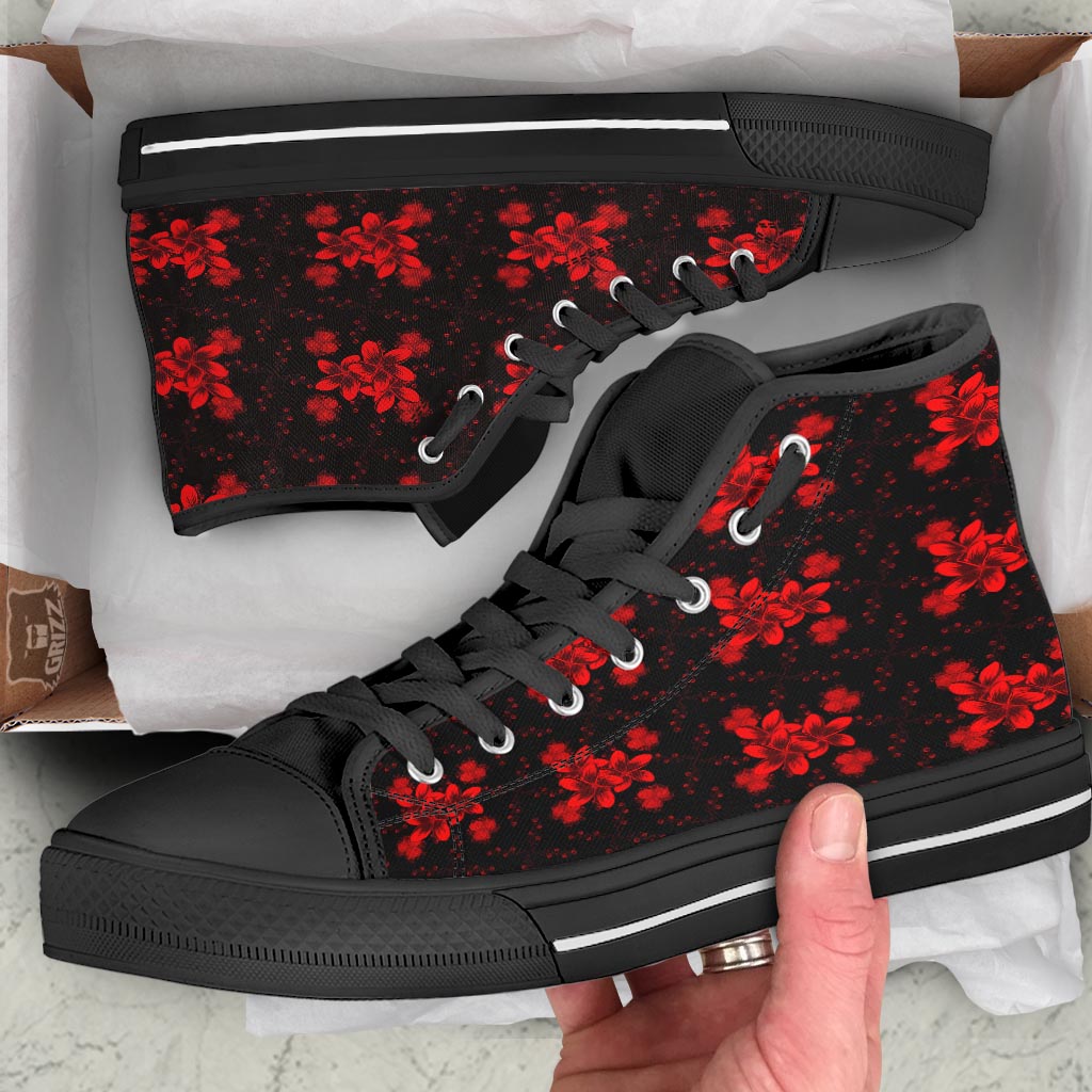 Frangipani Black And Red Print Pattern Black High Top Shoes-grizzshop
