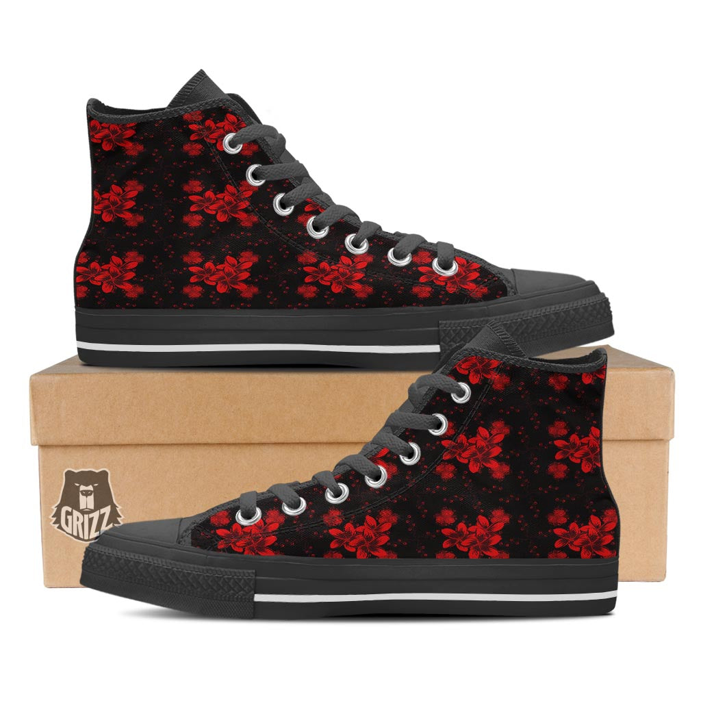 Frangipani Black And Red Print Pattern Black High Top Shoes-grizzshop