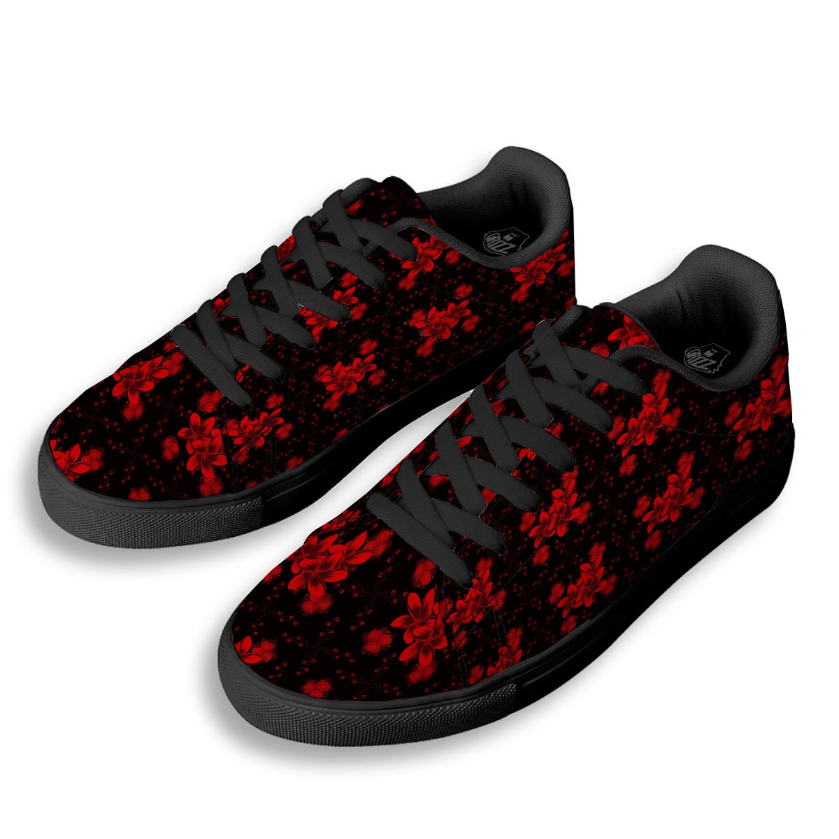 Frangipani Black And Red Print Pattern Black Low Top Sneakers-grizzshop