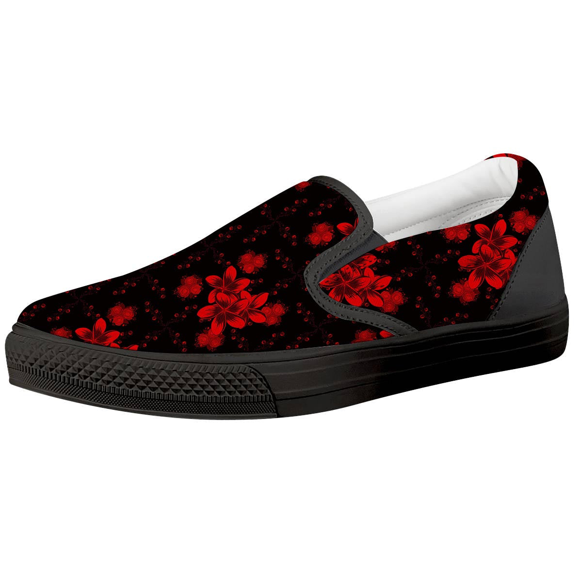 Frangipani Black And Red Print Pattern Black Slip On Shoes-grizzshop