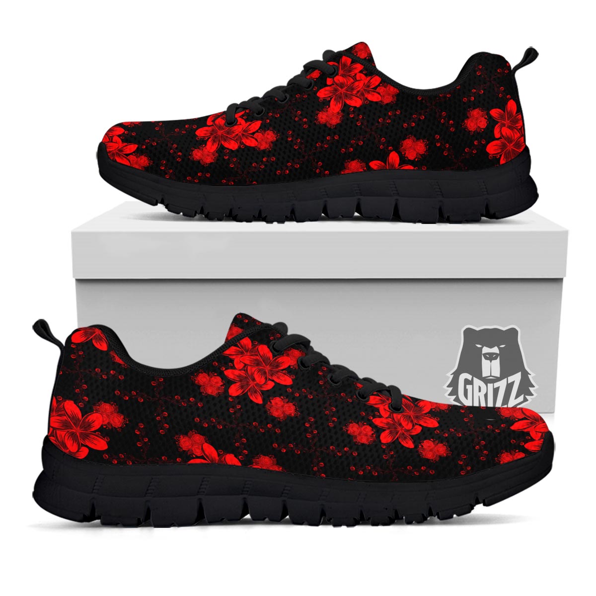 Frangipani Black And Red Print Pattern Black Sneaker-grizzshop