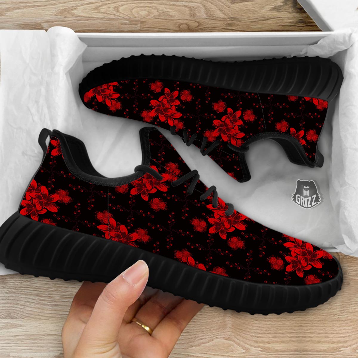 Frangipani Black And Red Print Pattern Black Walking Shoes-grizzshop