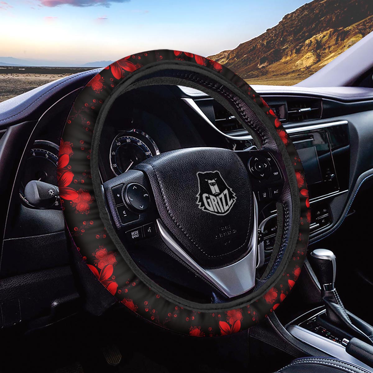 Frangipani Black And Red Print Pattern Car Steering Wheel Cover-grizzshop