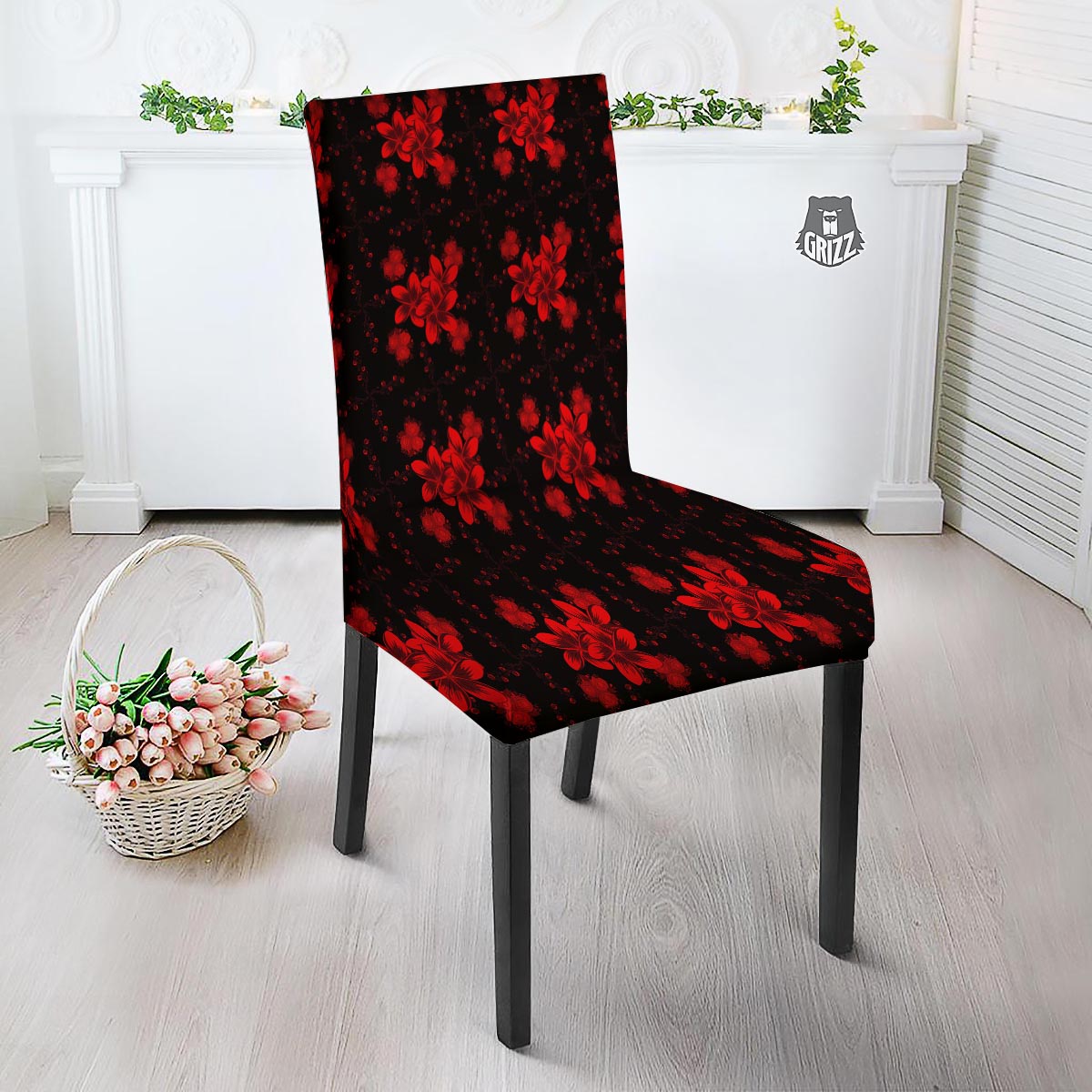 Frangipani Black And Red Print Pattern Dining Chair Slipcover-grizzshop
