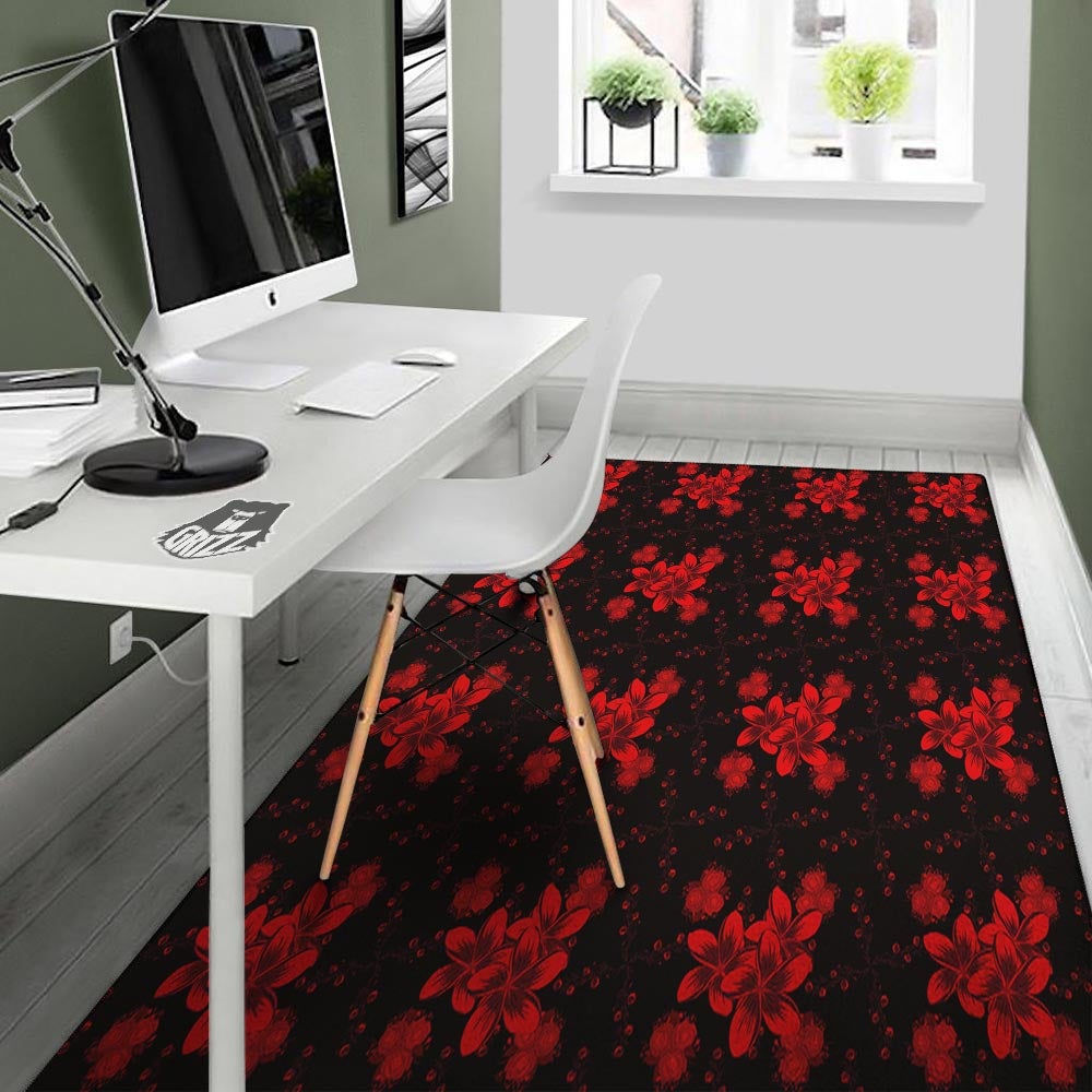 Frangipani Black And Red Print Pattern Floor Mat-grizzshop