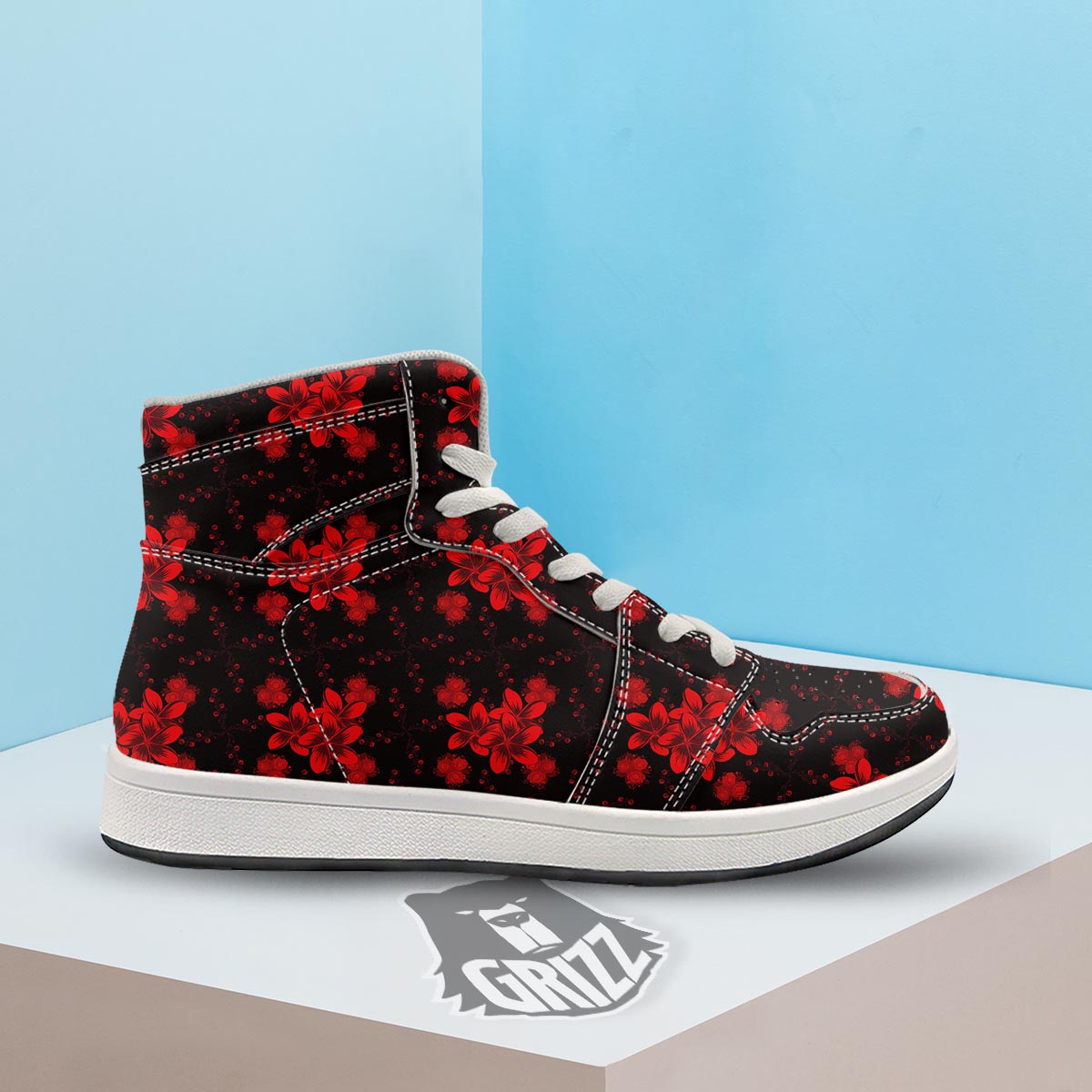 Frangipani Black And Red Print Pattern High Top Sneakers-grizzshop