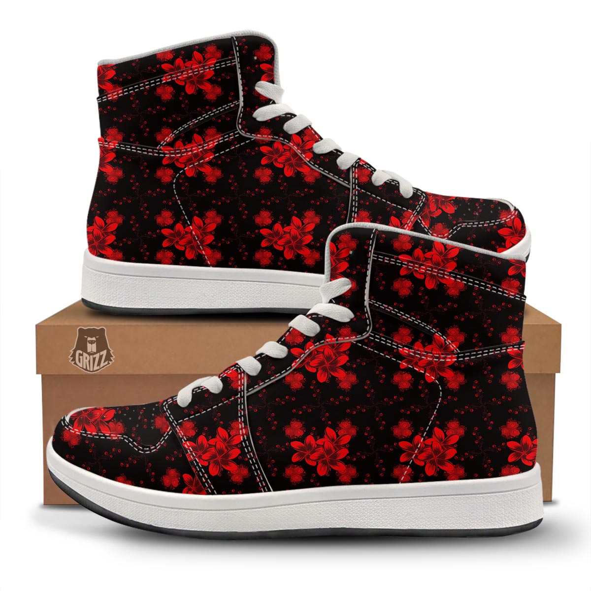 Frangipani Black And Red Print Pattern High Top Sneakers-grizzshop