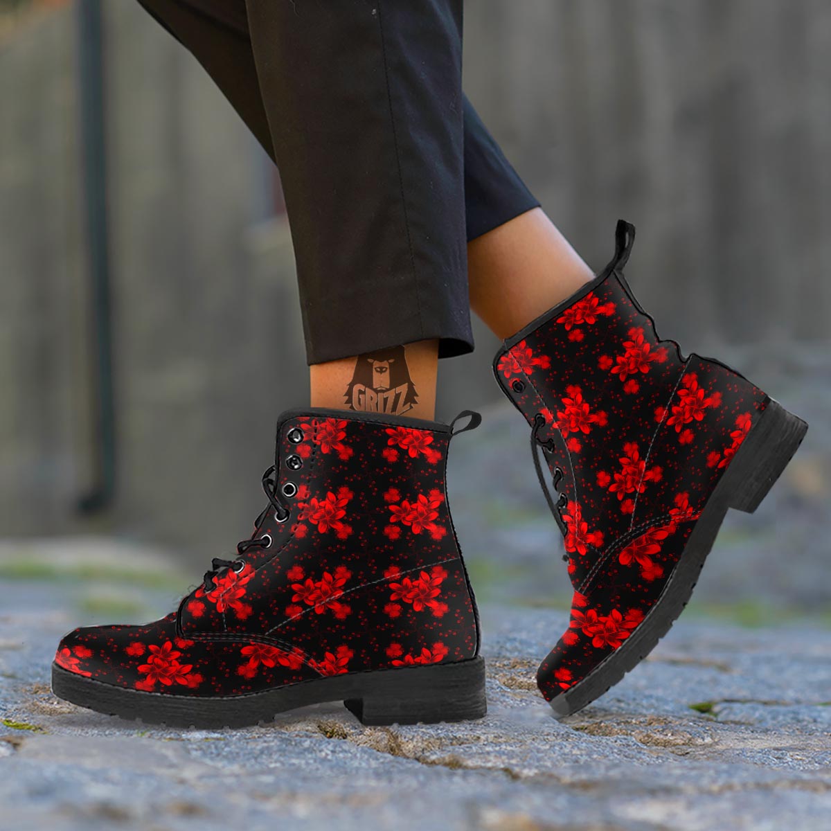 Frangipani Black And Red Print Pattern Leather Boots-grizzshop