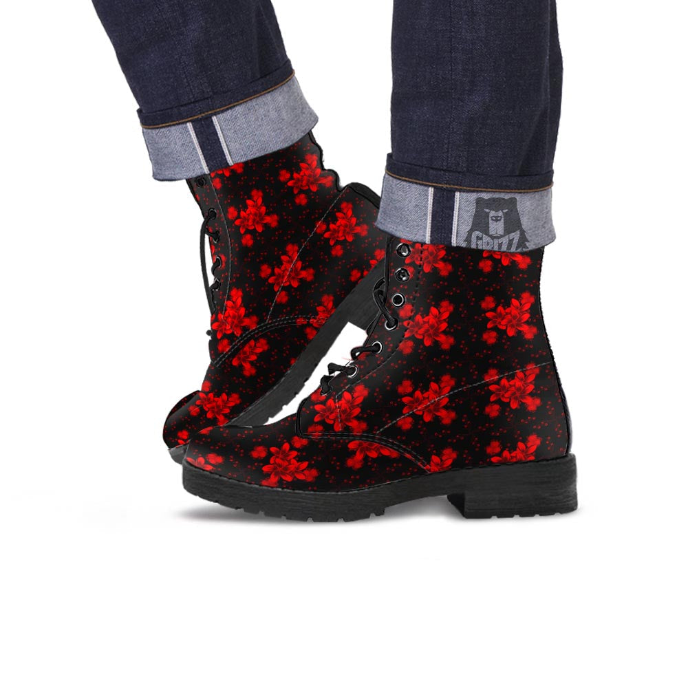 Frangipani Black And Red Print Pattern Leather Boots-grizzshop