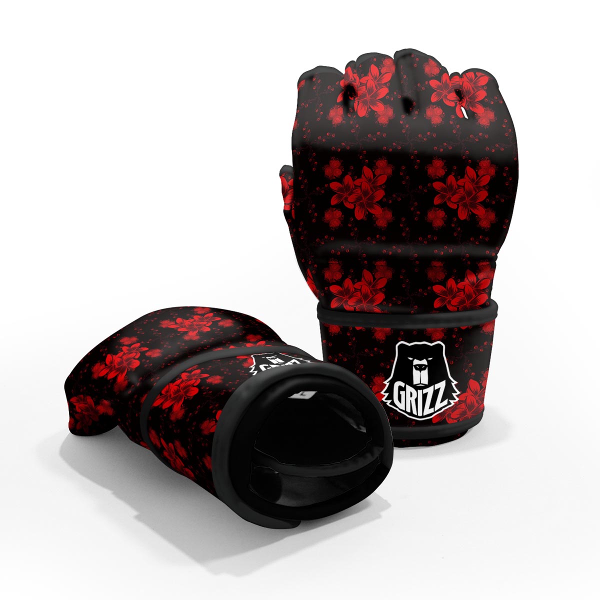 Frangipani Black And Red Print Pattern MMA Gloves-grizzshop