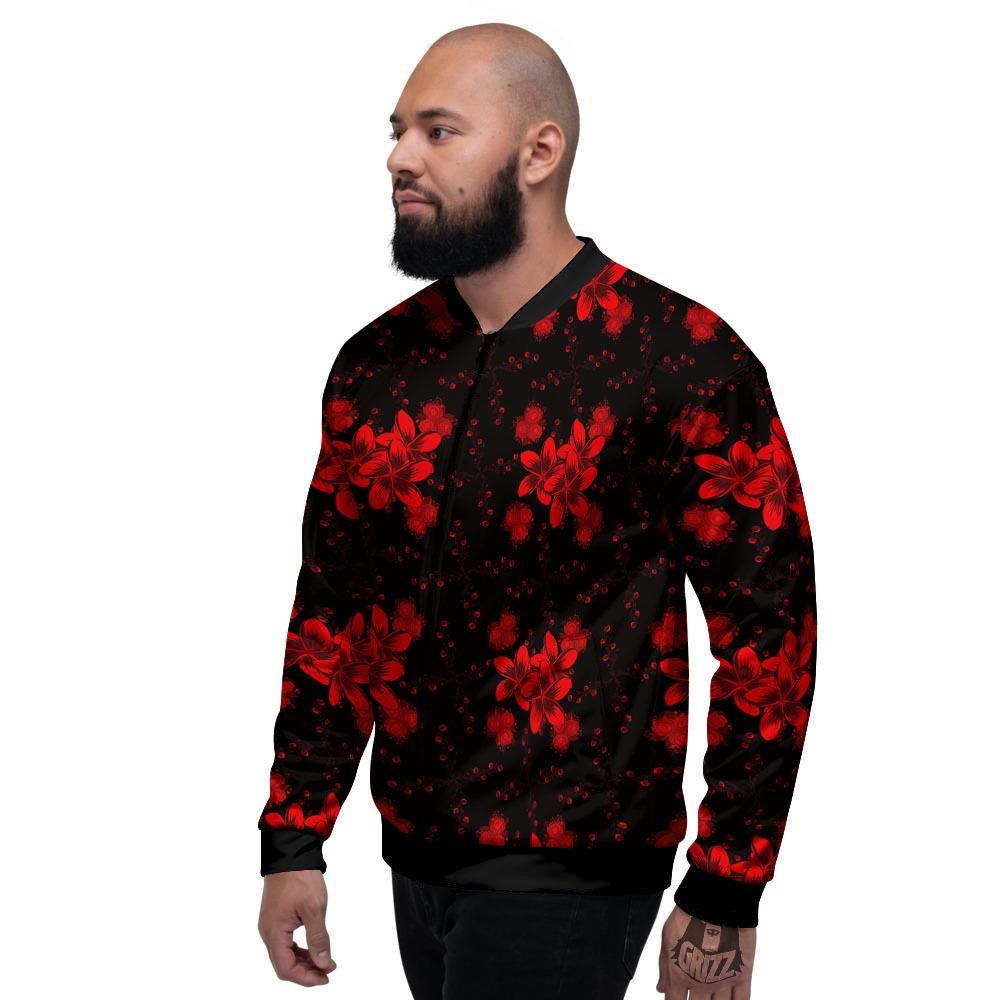 Frangipani Black And Red Print Pattern Men's Bomber Jacket-grizzshop