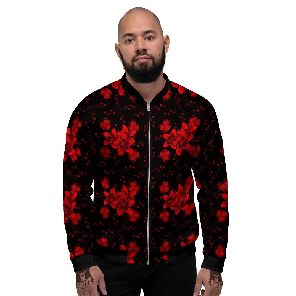 Frangipani Black And Red Print Pattern Men's Bomber Jacket-grizzshop