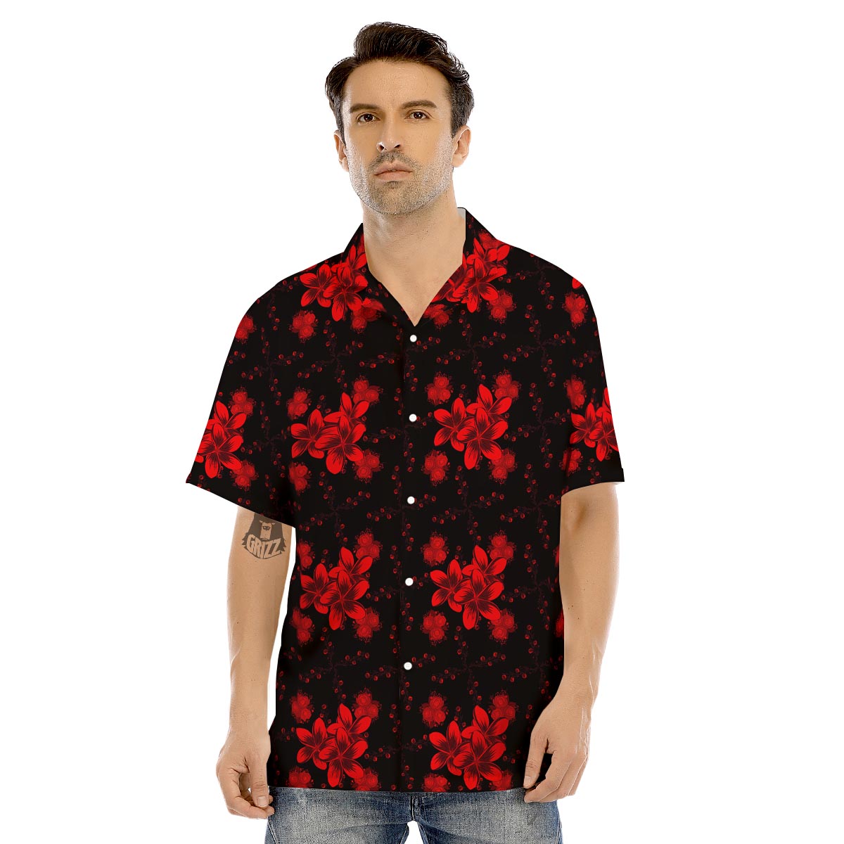 Frangipani Black And Red Print Pattern Men's Hawaiian Shirt-grizzshop