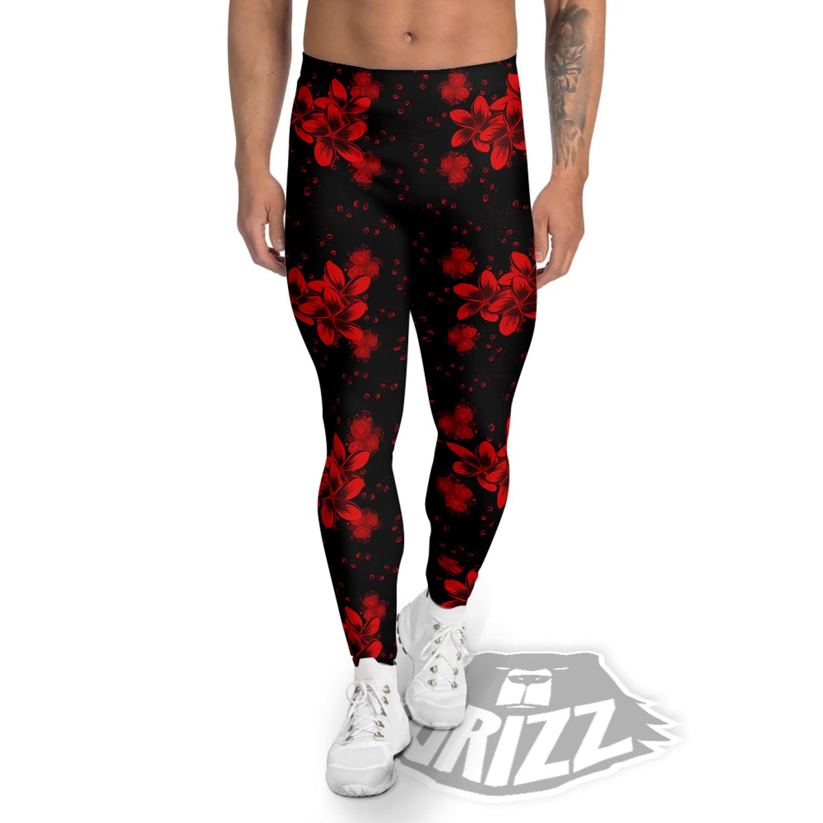 Frangipani Black And Red Print Pattern Men's Leggings-grizzshop