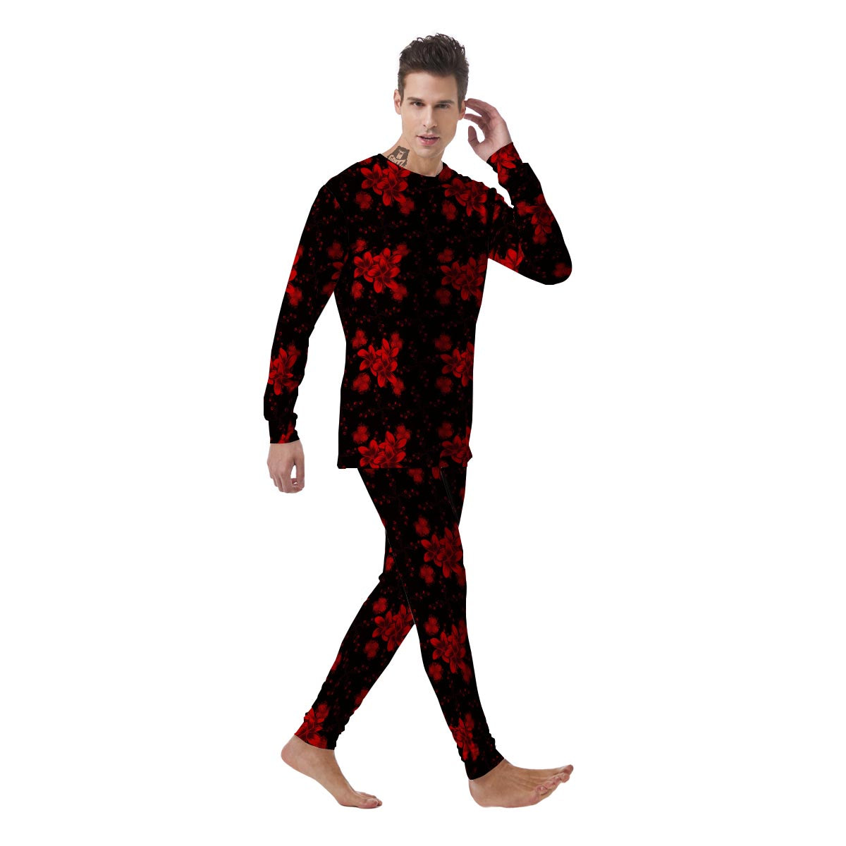 Frangipani Black And Red Print Pattern Men's Pajamas-grizzshop
