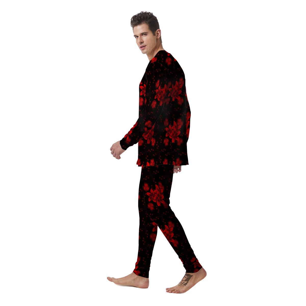 Frangipani Black And Red Print Pattern Men's Pajamas-grizzshop
