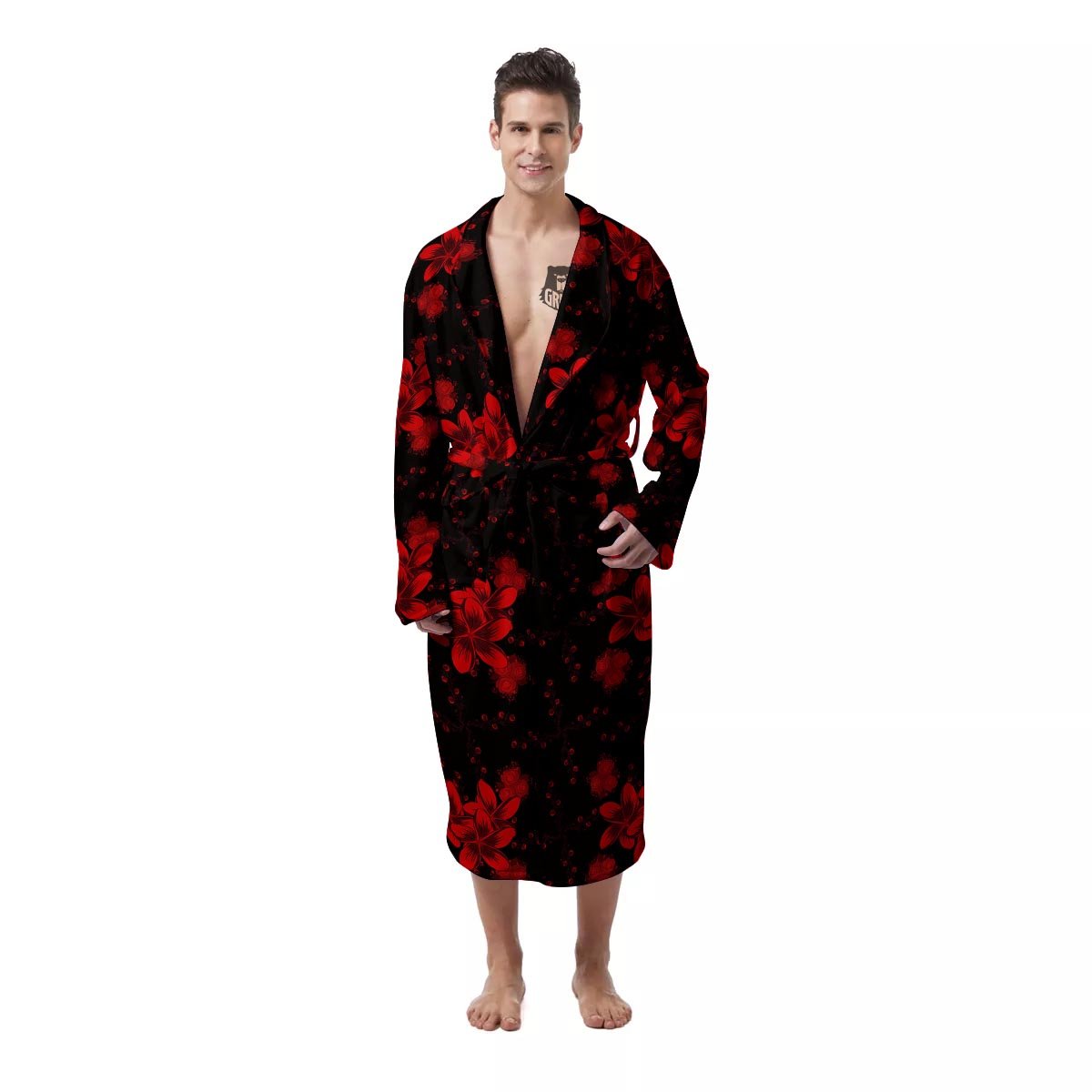 Frangipani Black And Red Print Pattern Men's Robe-grizzshop
