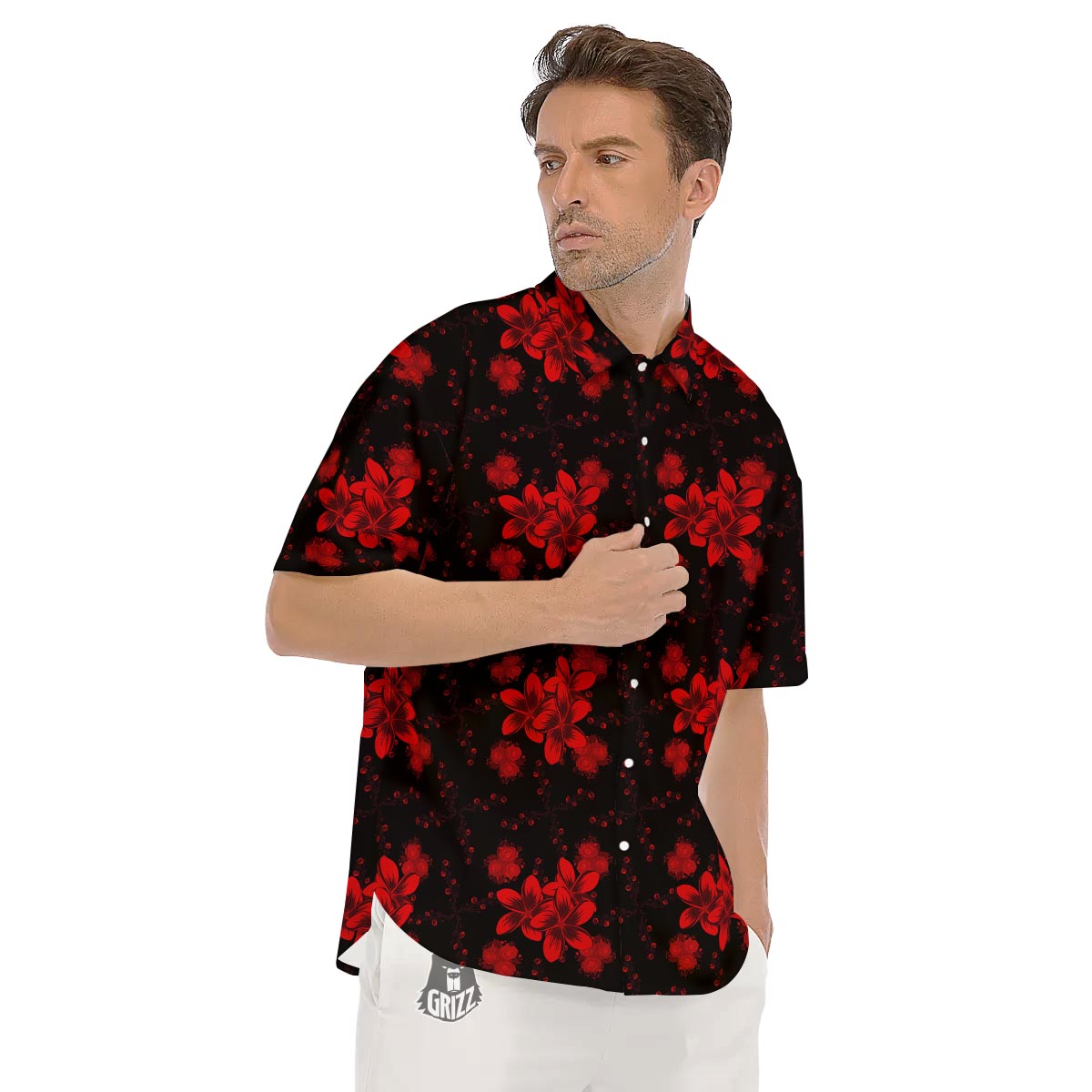 Frangipani Black And Red Print Pattern Men's Short Sleeve Shirts-grizzshop