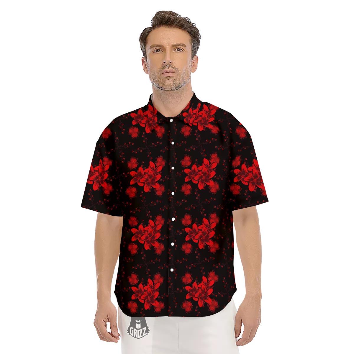 Frangipani Black And Red Print Pattern Men's Short Sleeve Shirts-grizzshop