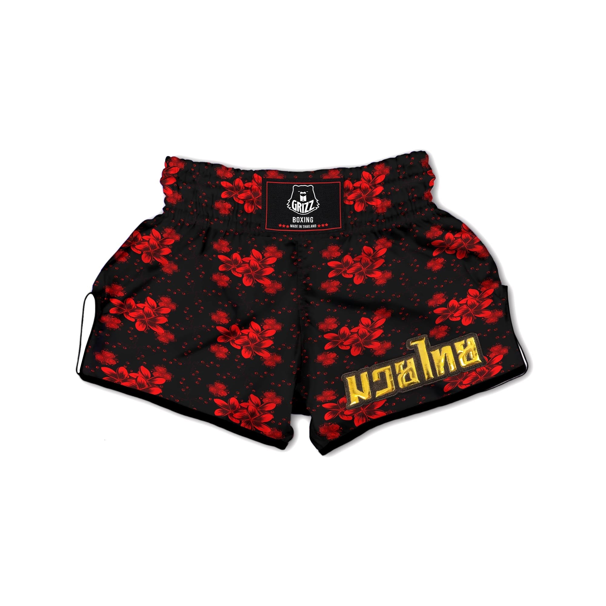 Frangipani Black And Red Print Pattern Muay Thai Boxing Shorts-grizzshop