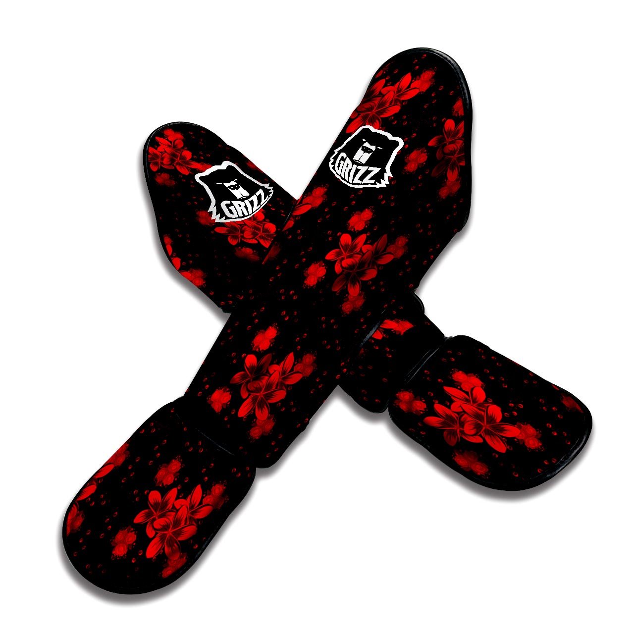 Frangipani Black And Red Print Pattern Muay Thai Shin Guards-grizzshop