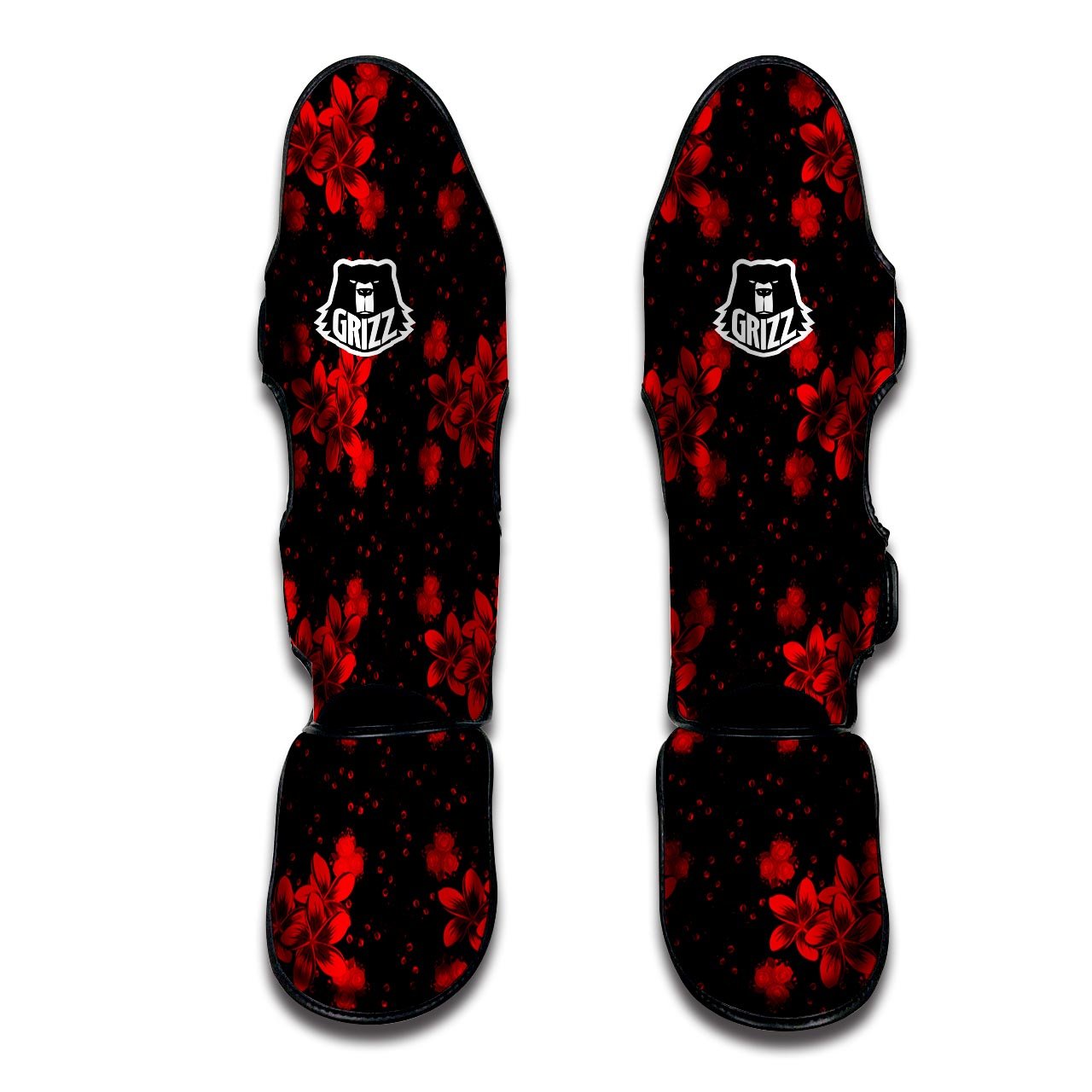 Frangipani Black And Red Print Pattern Muay Thai Shin Guards-grizzshop