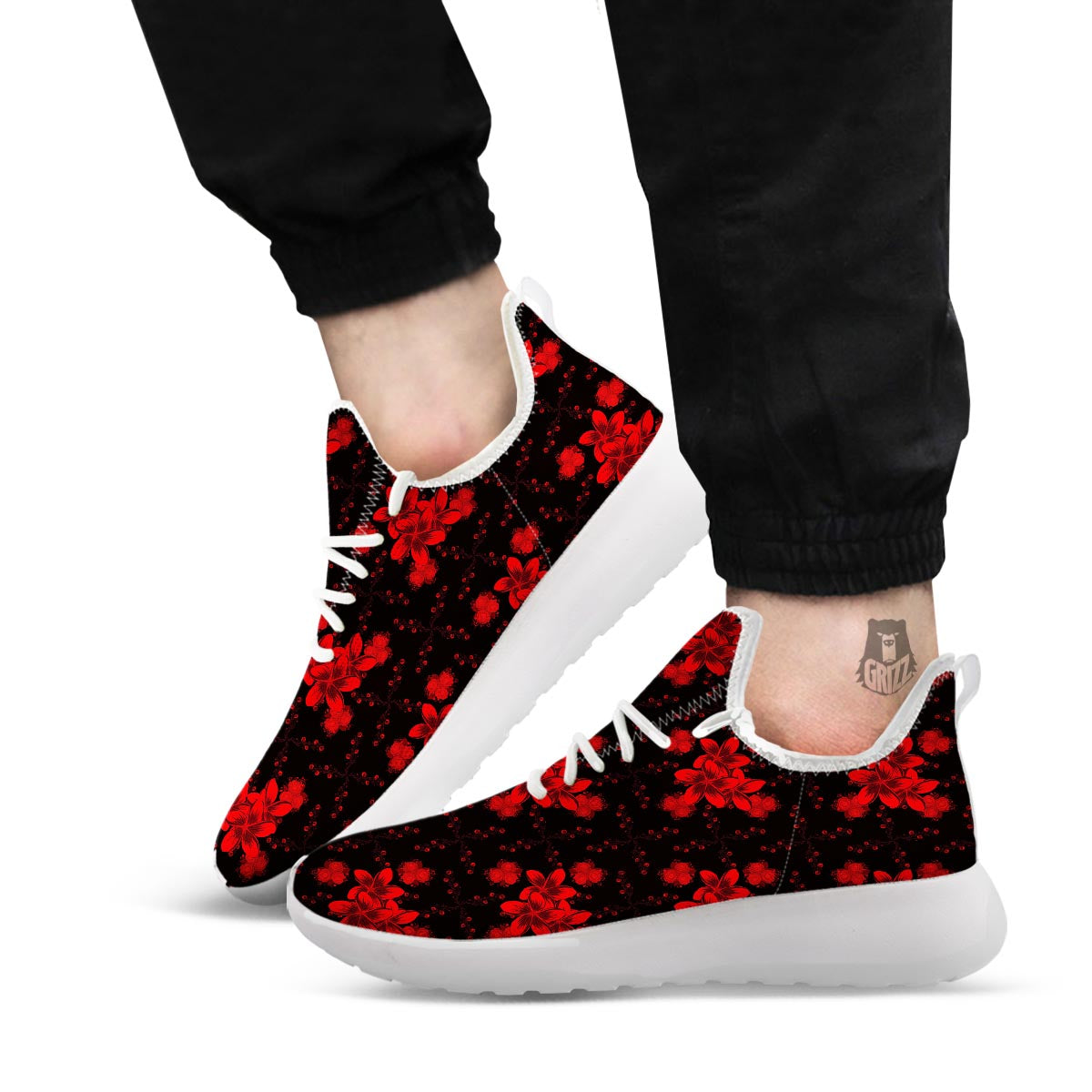 Frangipani Black And Red Print Pattern White Athletic Shoes-grizzshop